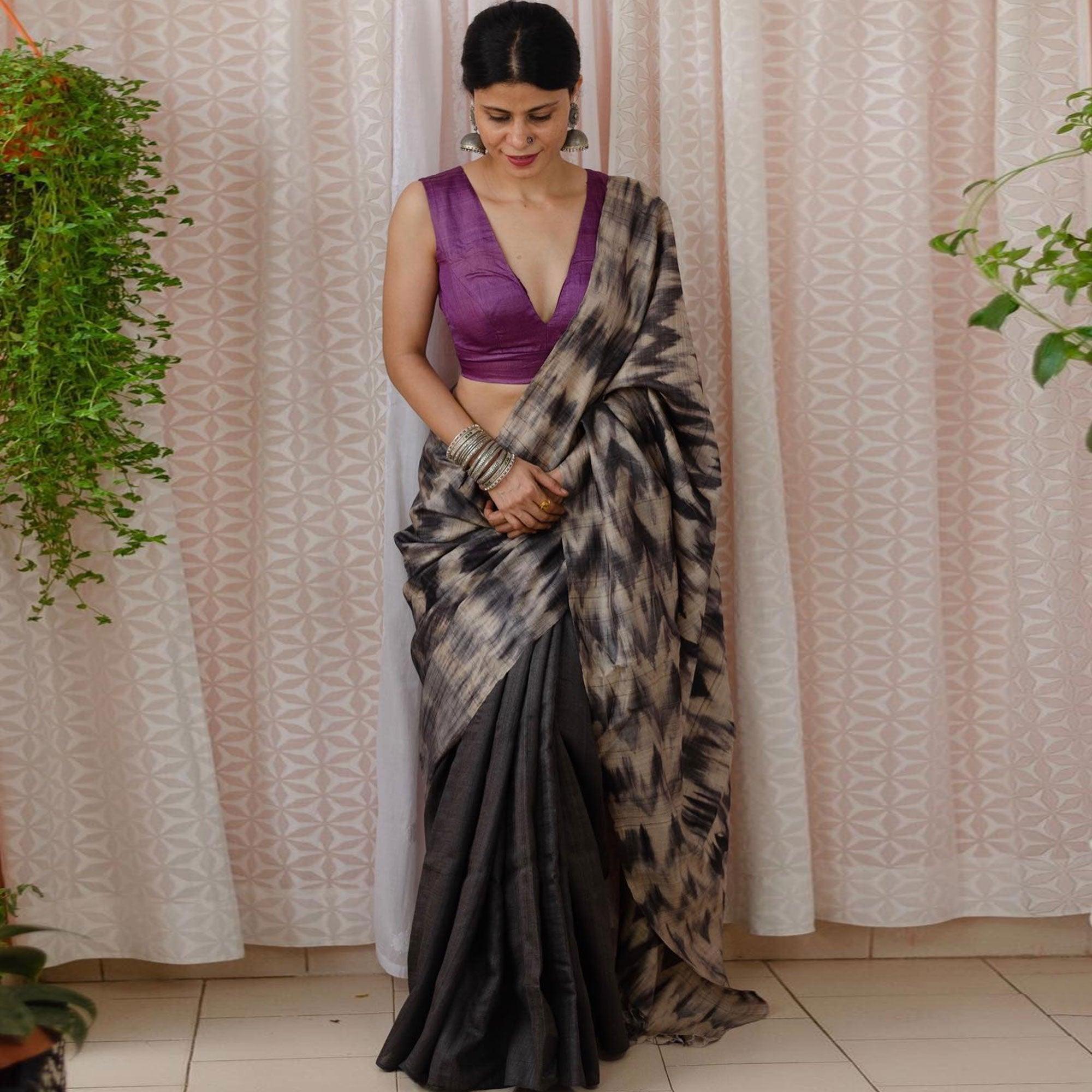 Black Digital Printed Linen Half and Half Saree - Peachmode
