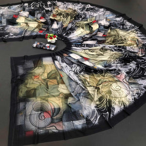 Black Digital Printed Vichitra Silk Saree - Peachmode