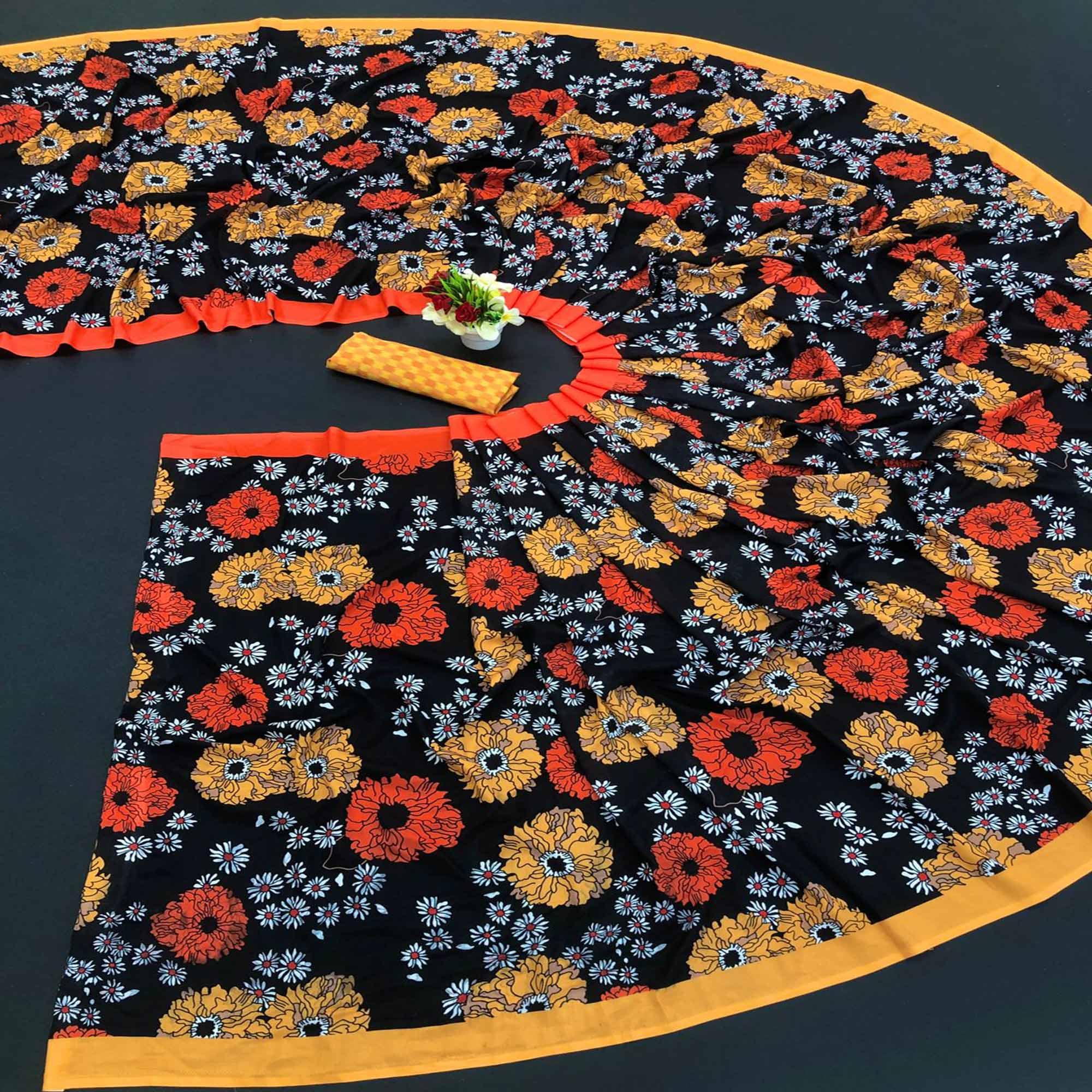 Black Digital Printed Vichitra Silk Saree - Peachmode