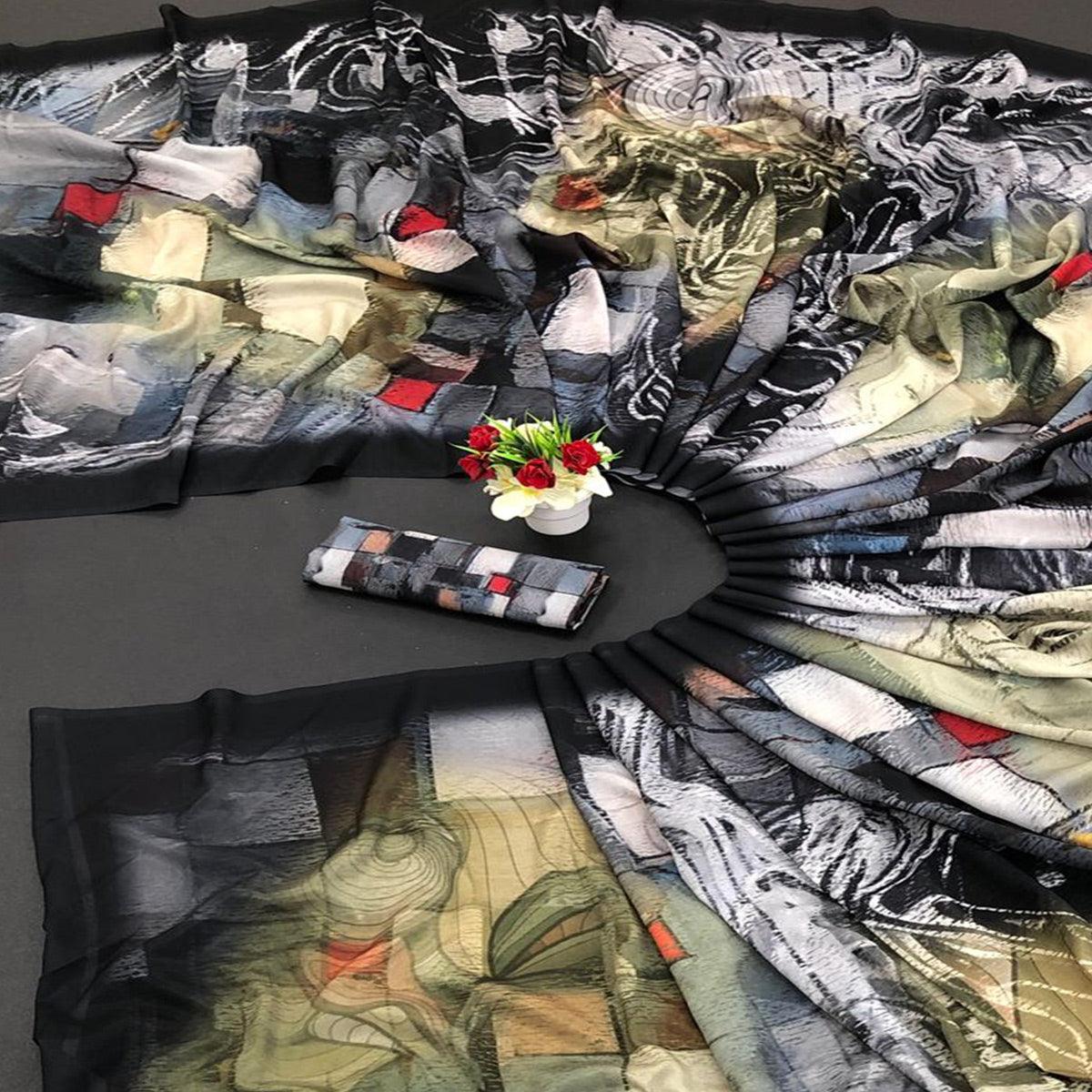 Black Digital Printed Vichitra Silk Saree - Peachmode