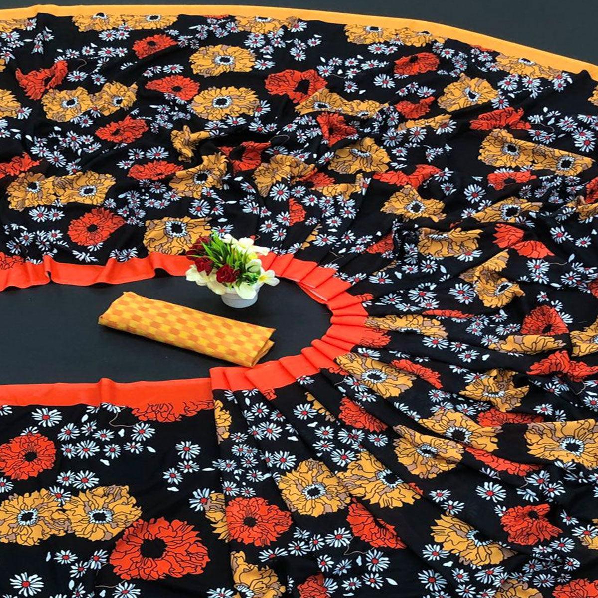 Black Digital Printed Vichitra Silk Saree - Peachmode