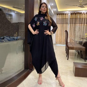 Black Embellished Georgette Dress - Peachmode