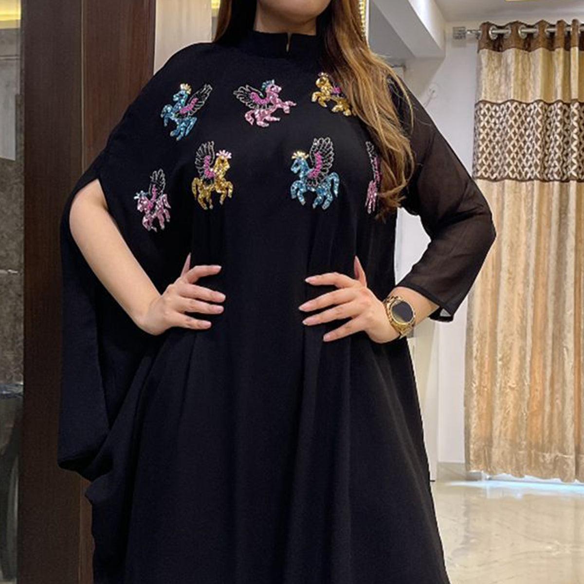 Black Embellished Georgette Dress - Peachmode