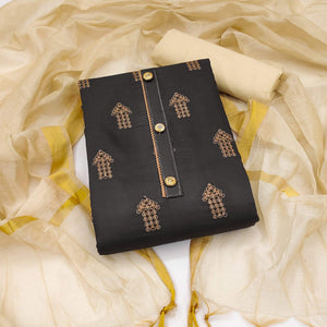 Black Embellished With Embroidered Cotton Blend Dress Material - Peachmode