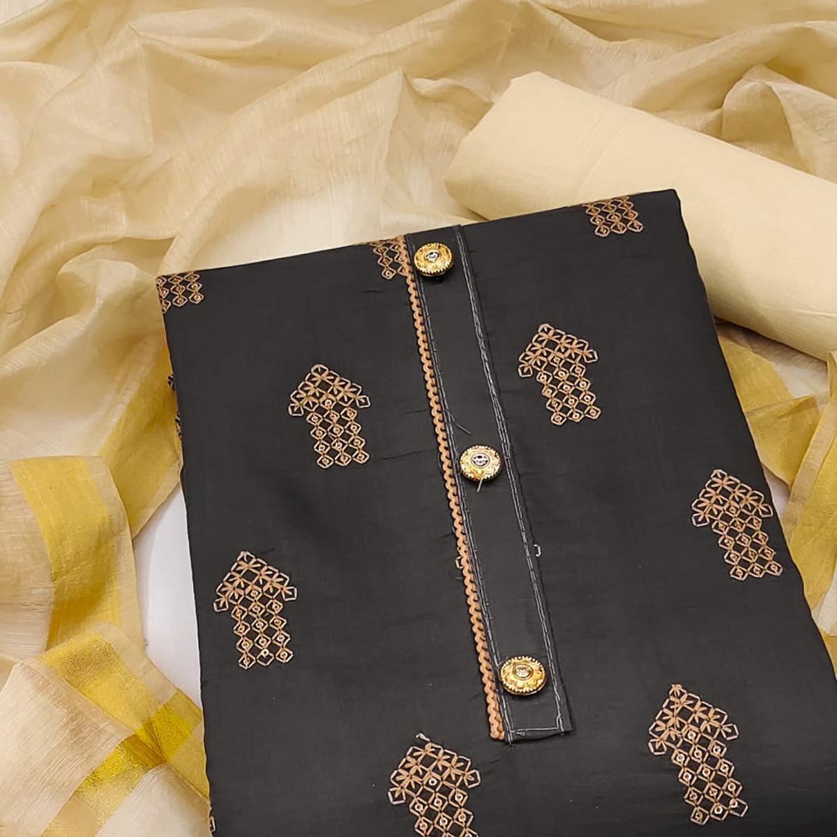 Black Embellished With Embroidered Cotton Blend Dress Material - Peachmode