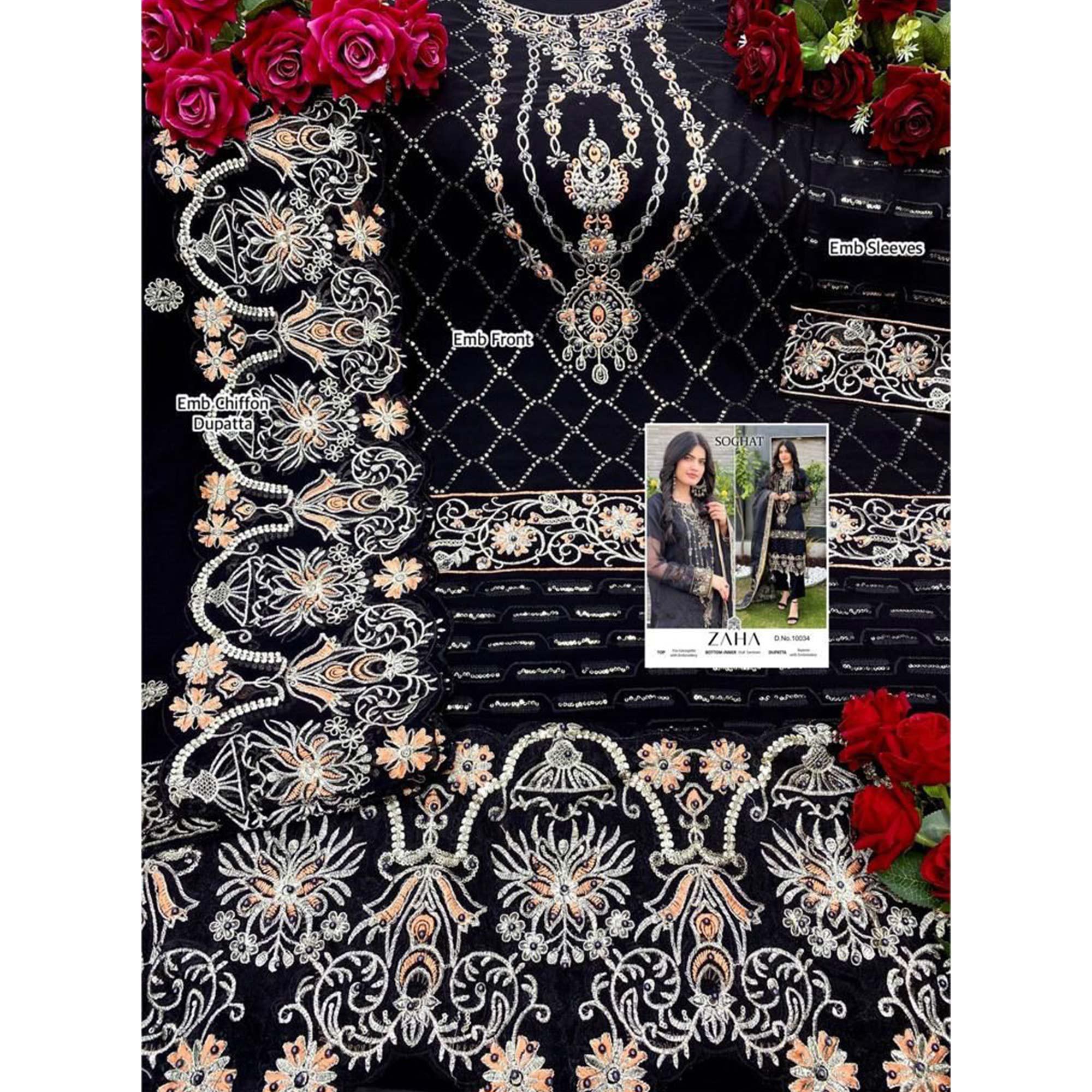 Black Embellished With Embroidered Georgette Pakistani Suit - Peachmode