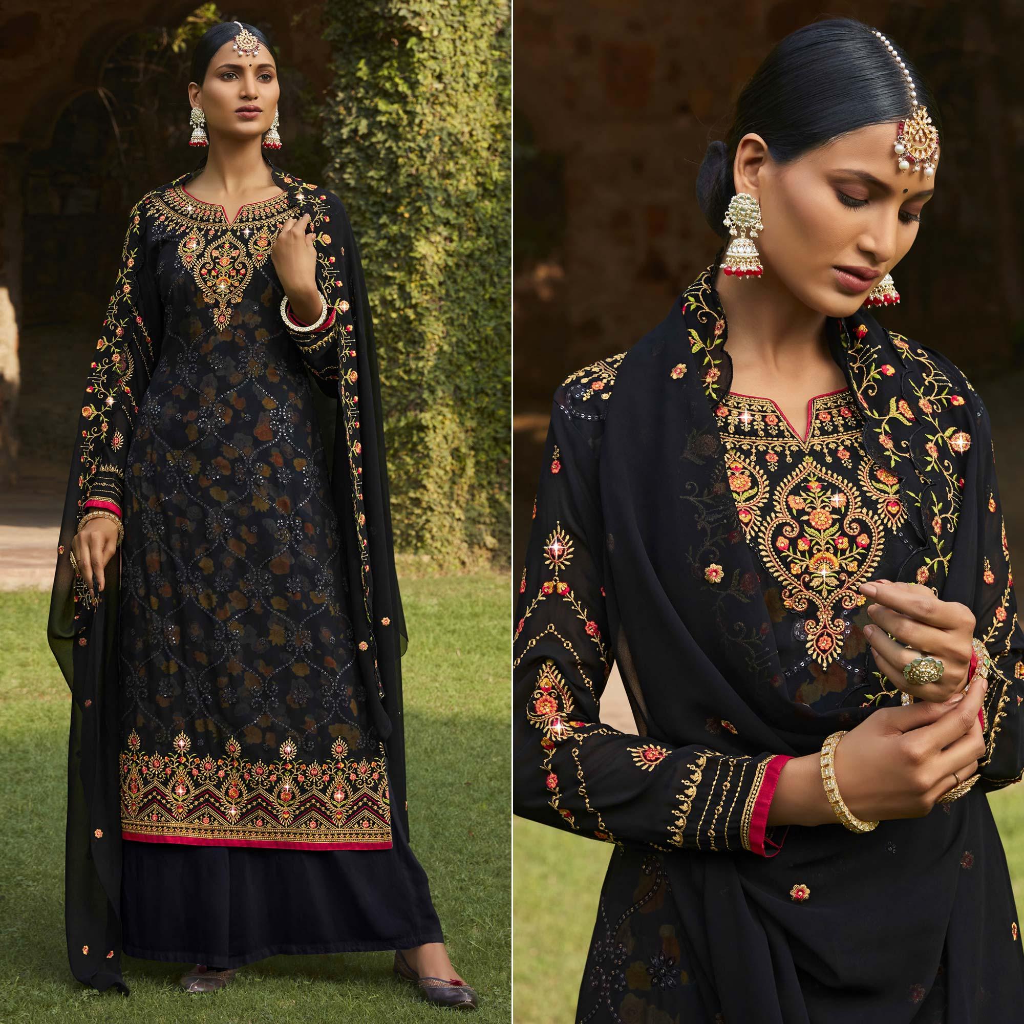 Black Embellished With Embroidered Georgette Palazzo Suit - Peachmode