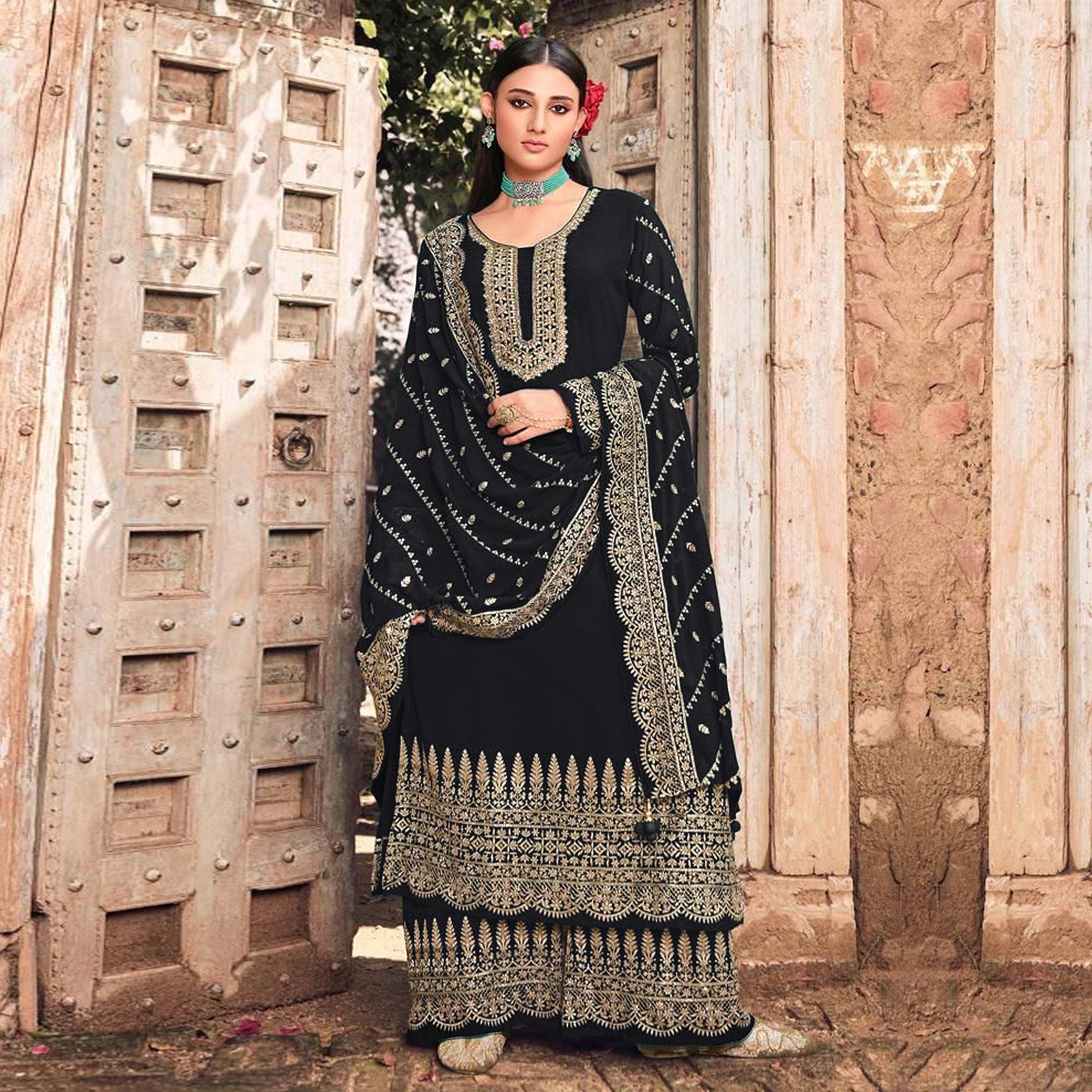 Black Embellished With Embroidered Georgette Palazzo Suit - Peachmode