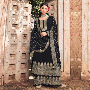 Black Embellished With Embroidered Georgette Palazzo Suit - Peachmode