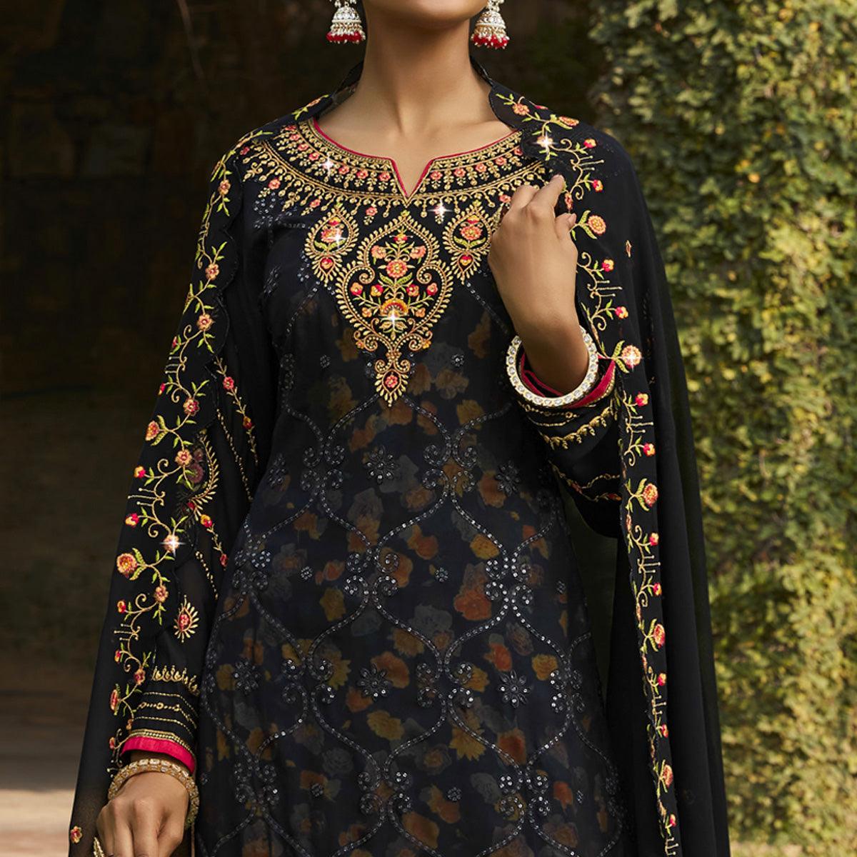Black Embellished With Embroidered Georgette Palazzo Suit - Peachmode