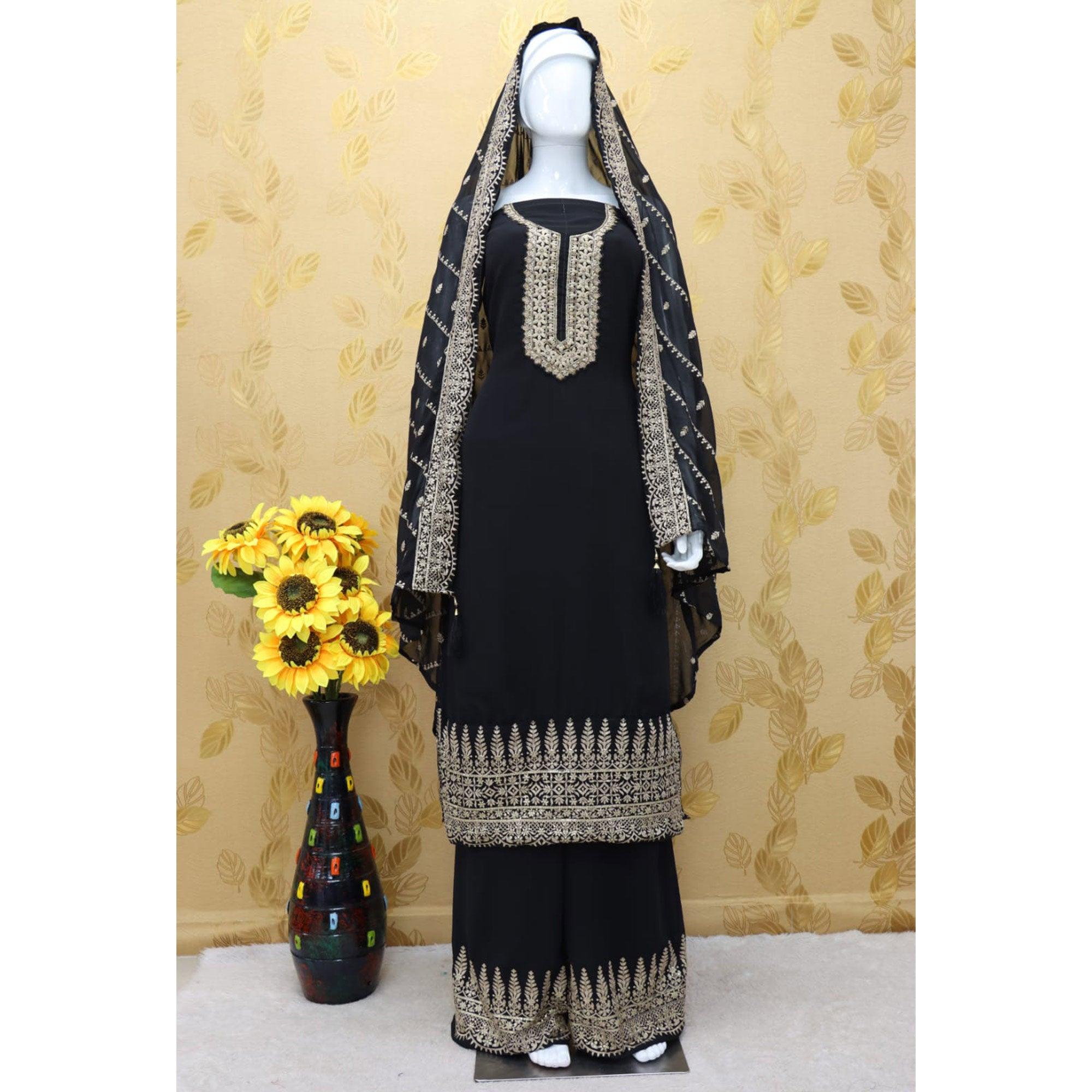 Black Embellished With Embroidered Georgette Palazzo Suit - Peachmode