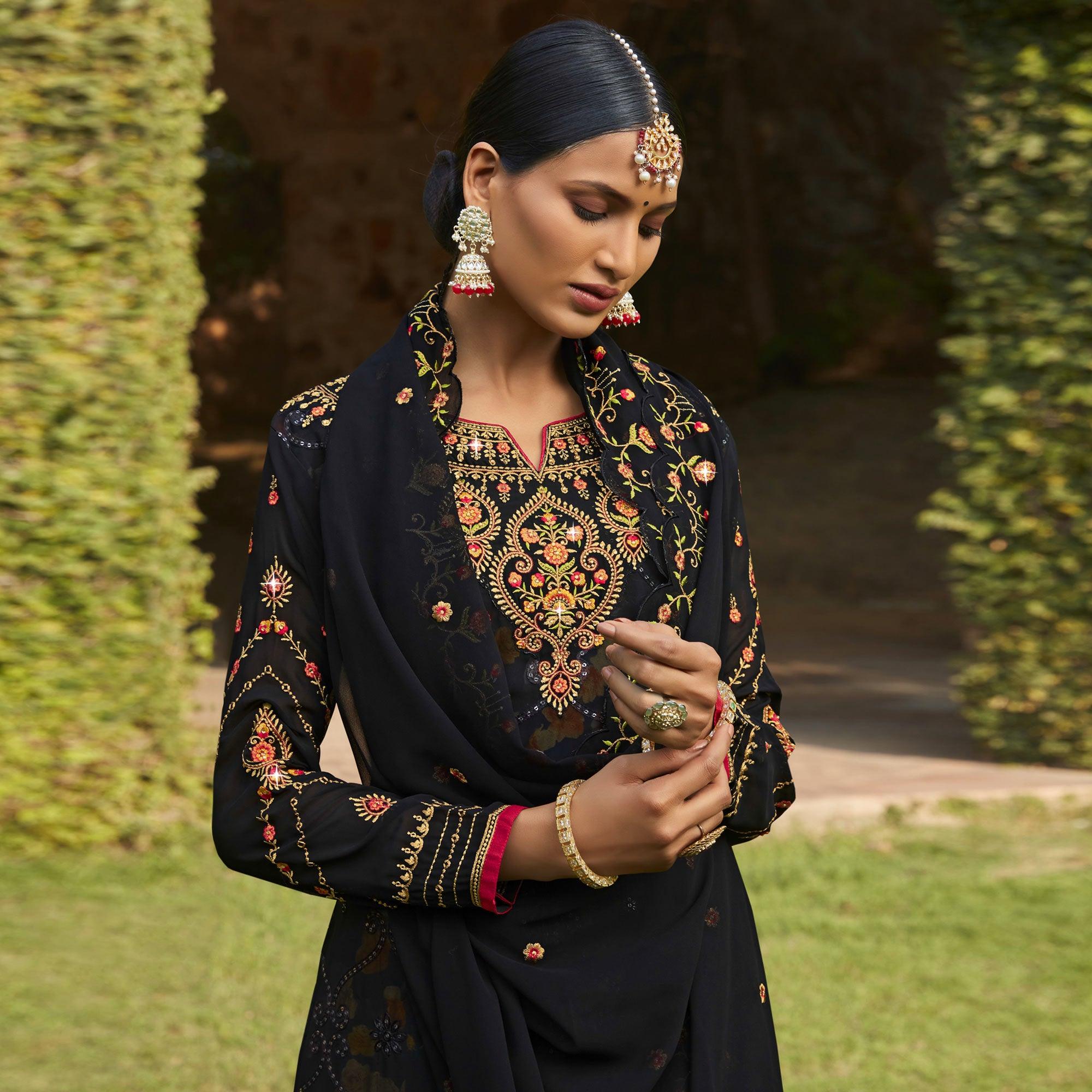 Black Embellished With Embroidered Georgette Palazzo Suit - Peachmode