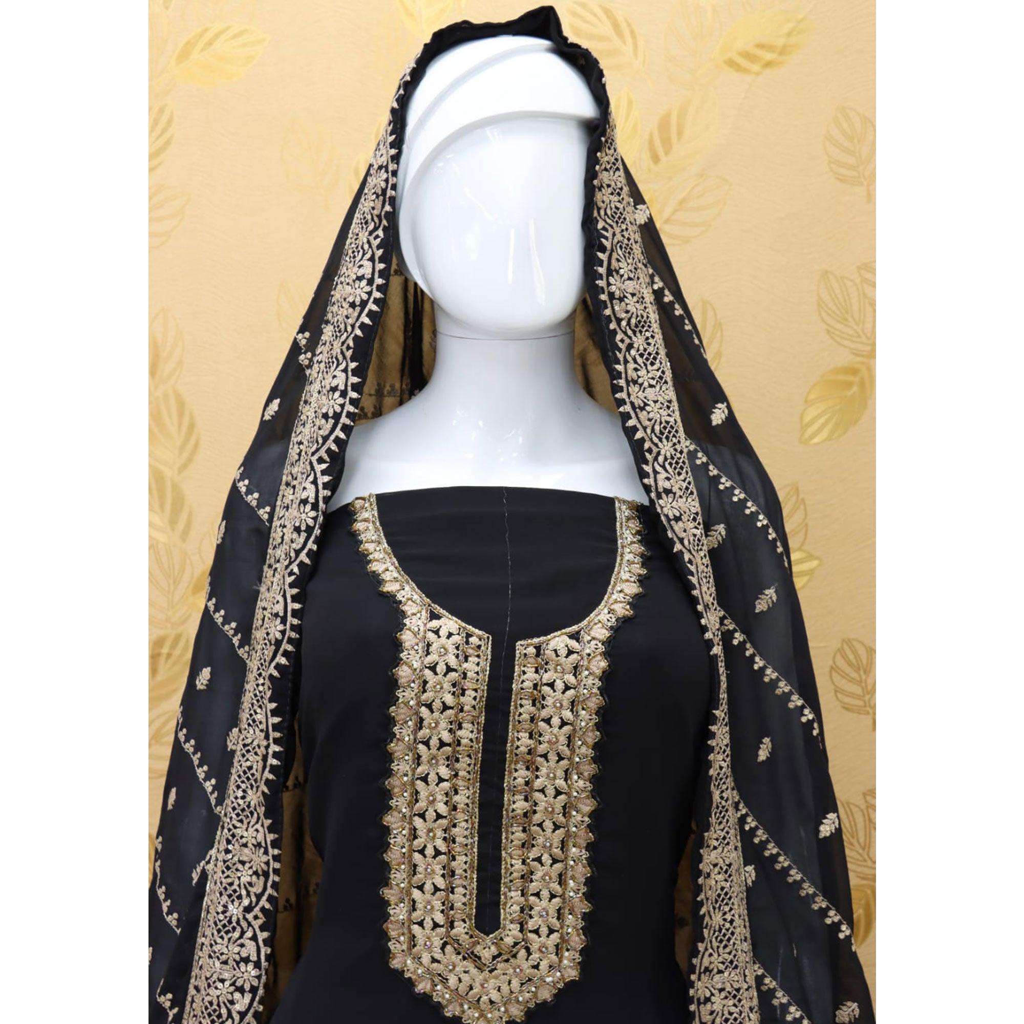 Black Embellished With Embroidered Georgette Palazzo Suit - Peachmode