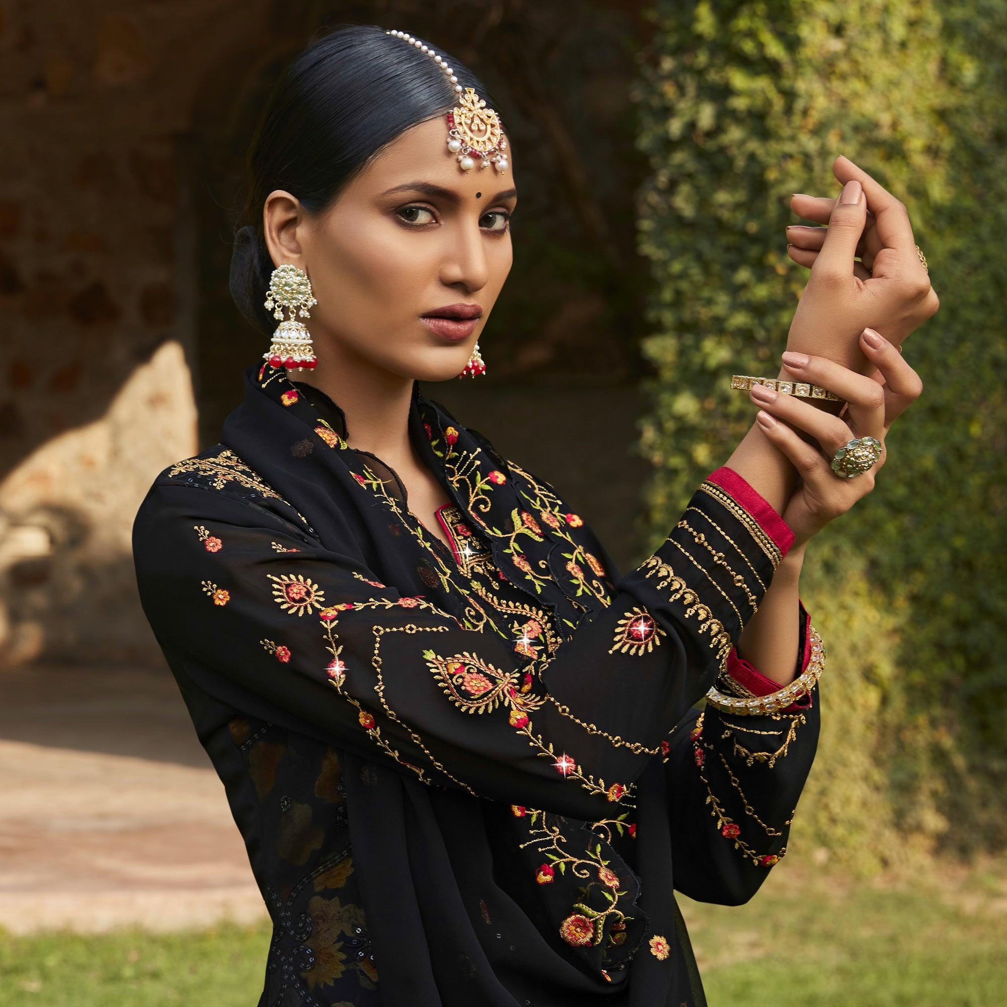 Black Embellished With Embroidered Georgette Palazzo Suit - Peachmode