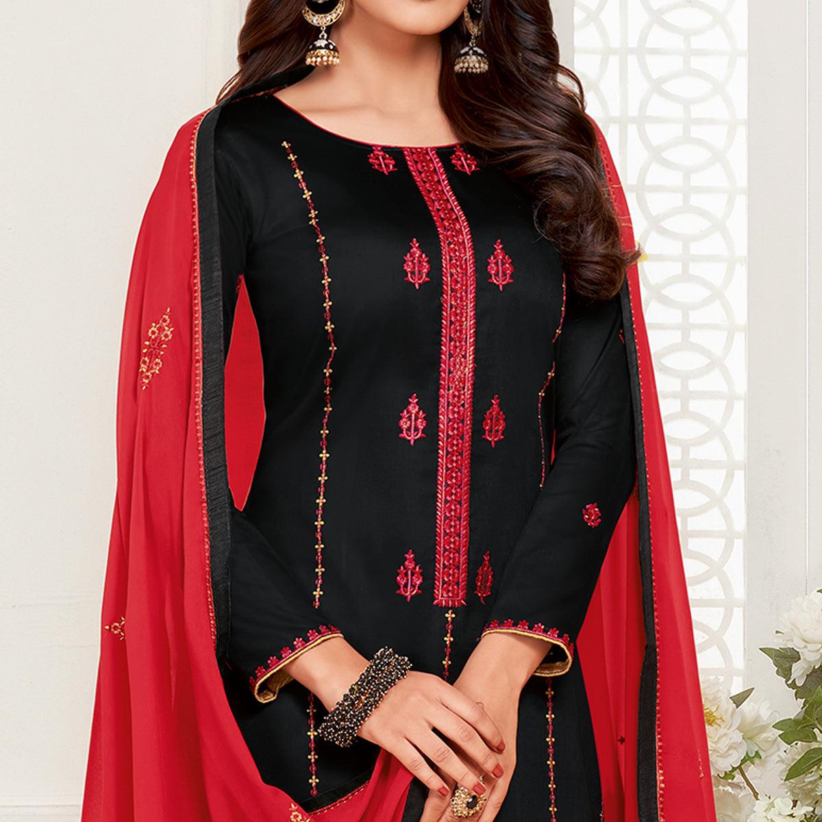 Black Embroidered Cotton Silk Dress Material - Peachmode