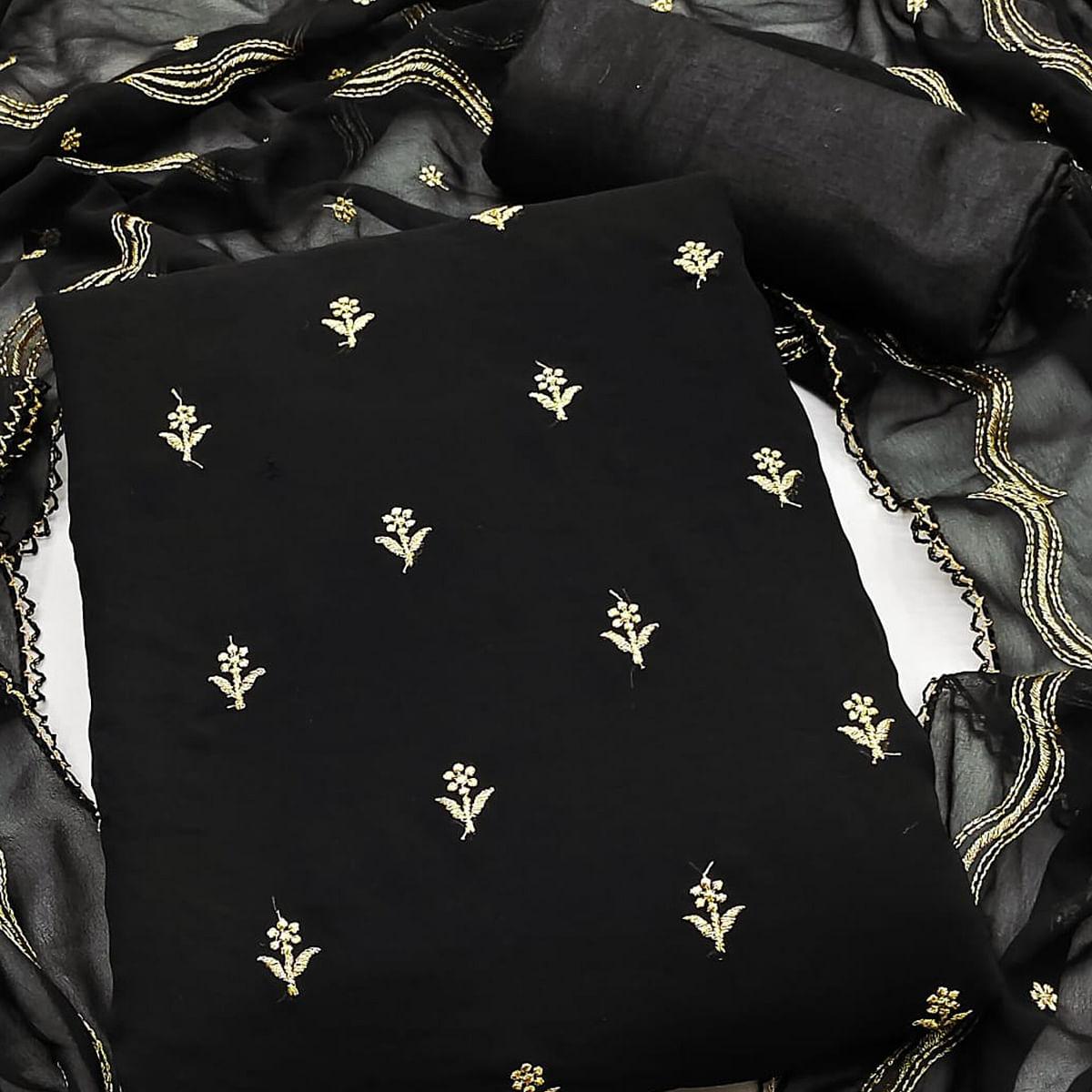 Black Embroidered Georgette Dress Material - Peachmode