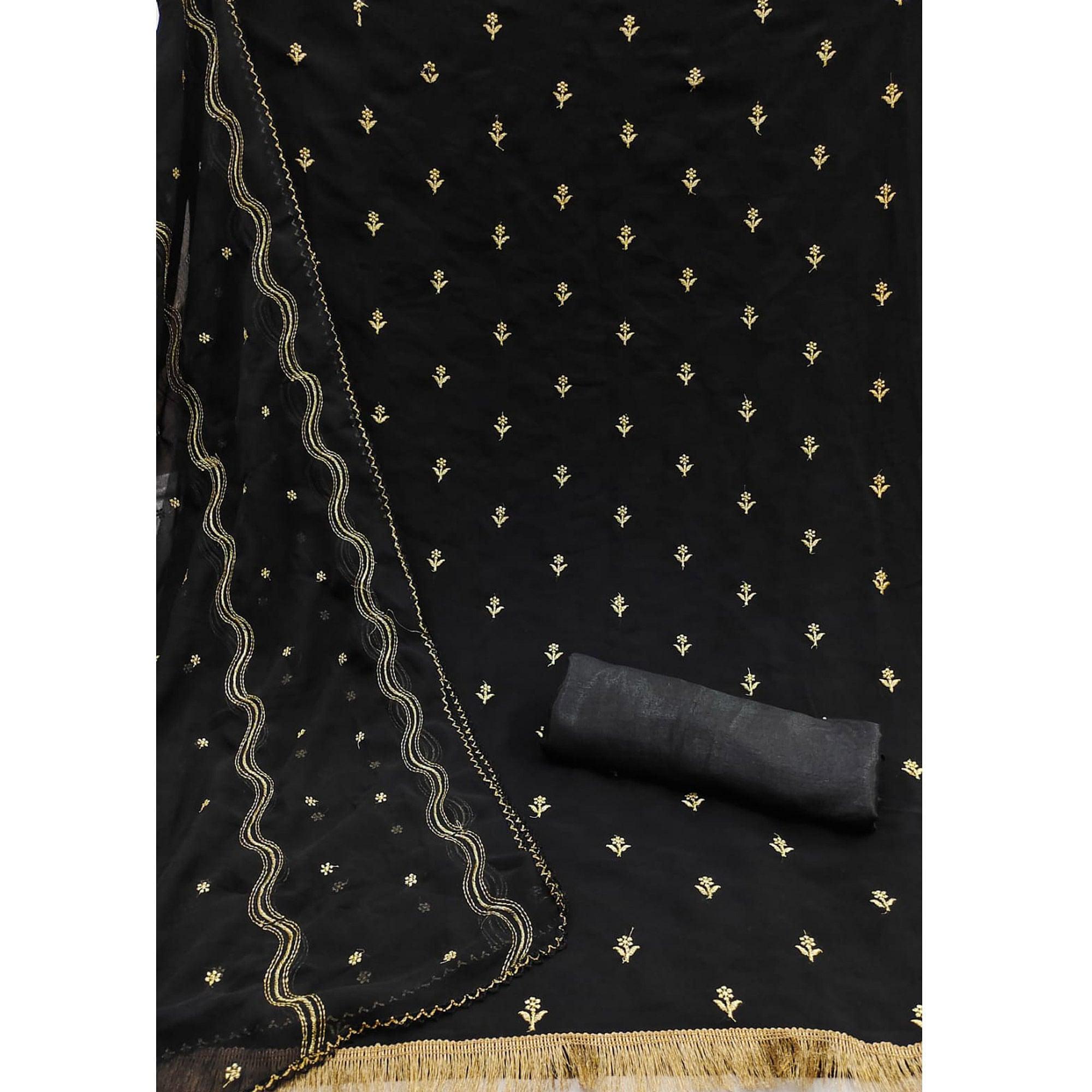 Black Embroidered Georgette Dress Material - Peachmode