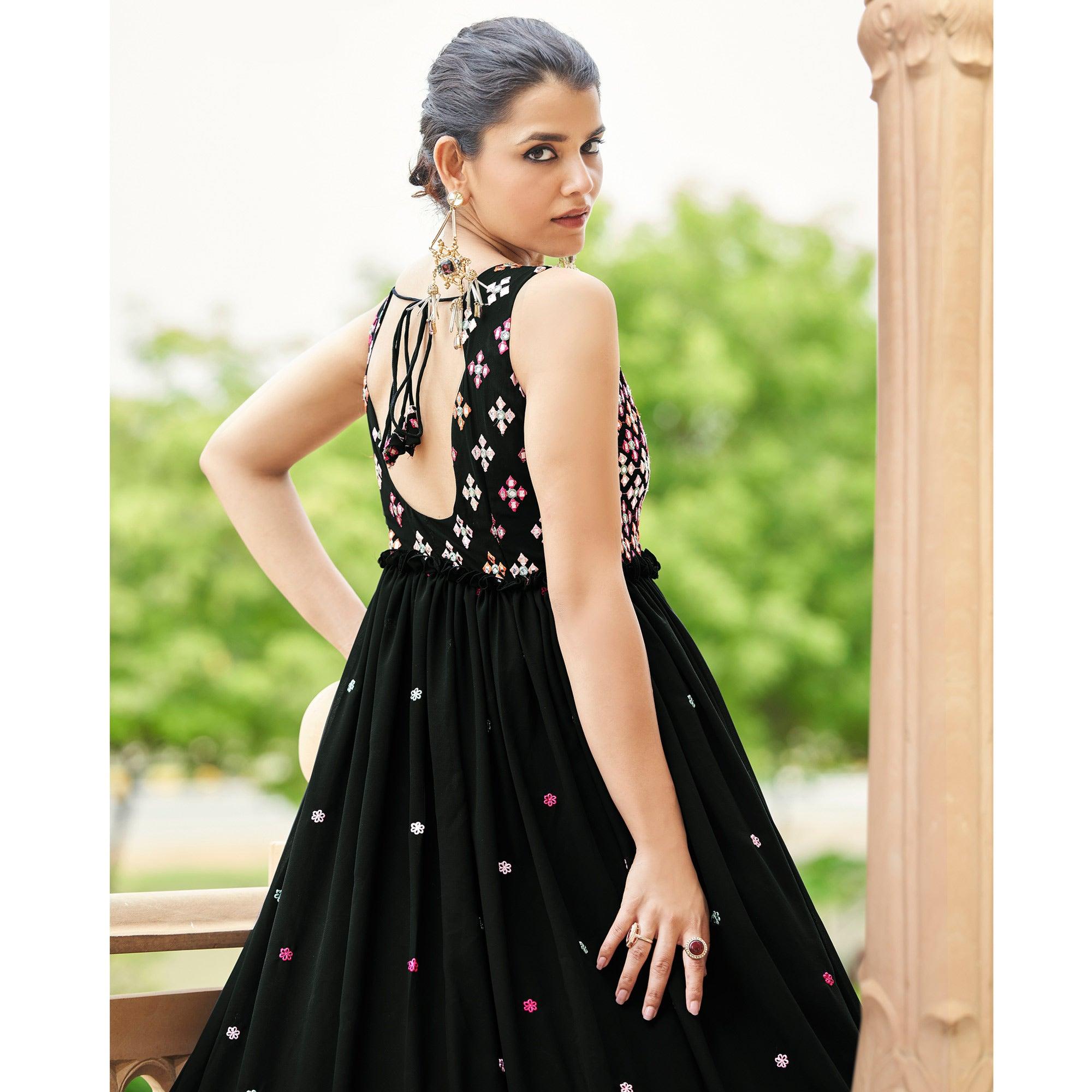 Black Embroidered Georgette Gown - Peachmode