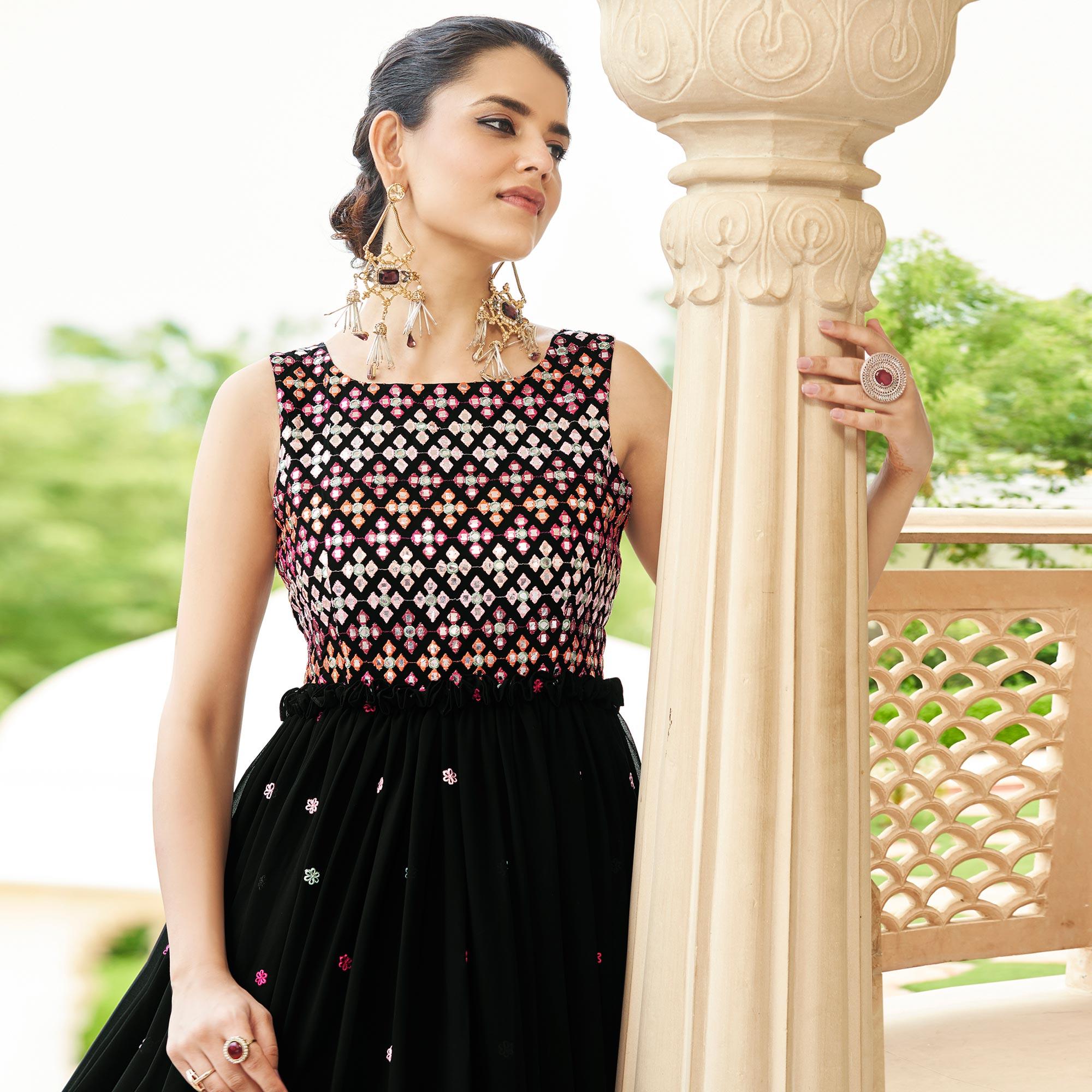 Black Embroidered Georgette Gown - Peachmode