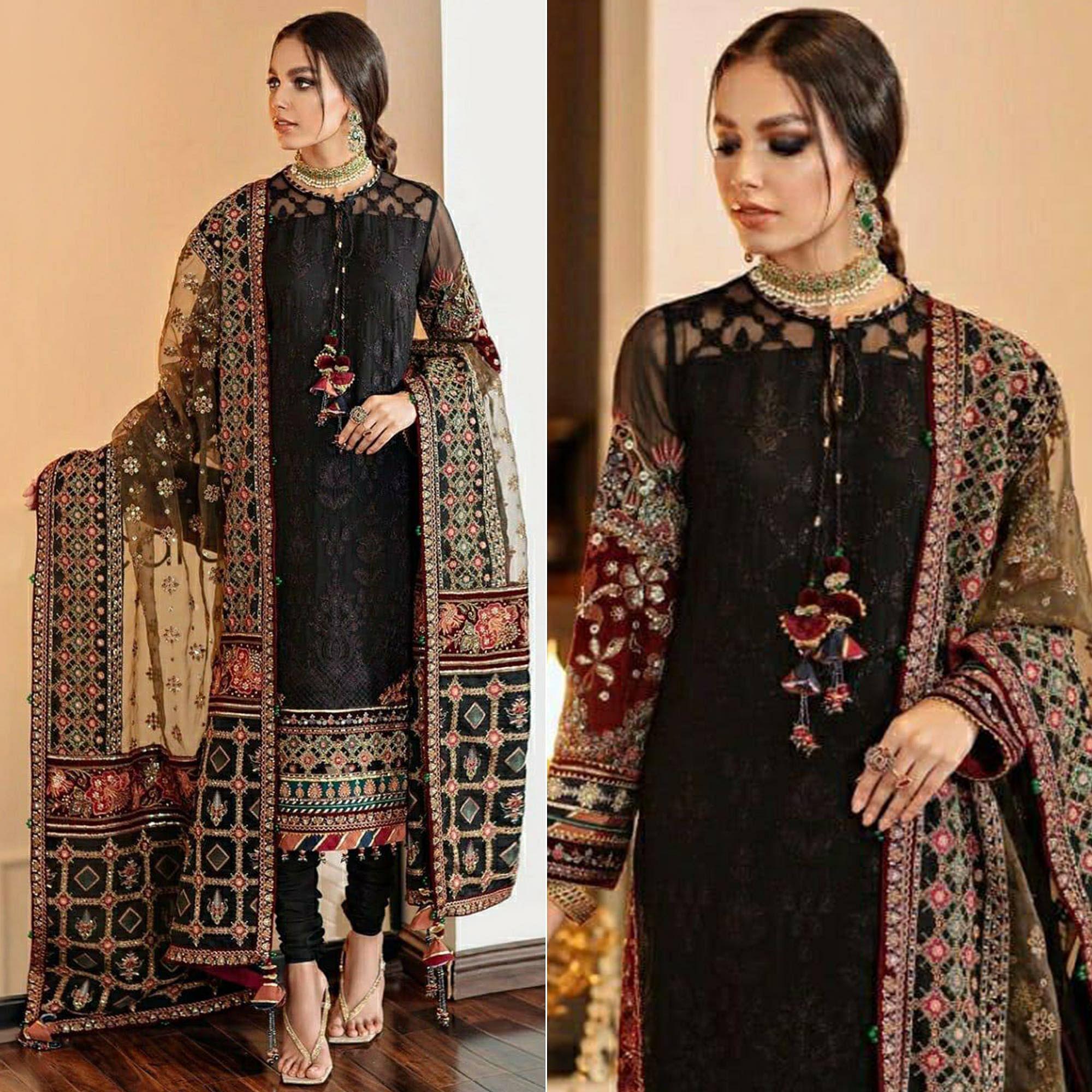 Black Embroidered Georgette Pakistani Suit - Peachmode