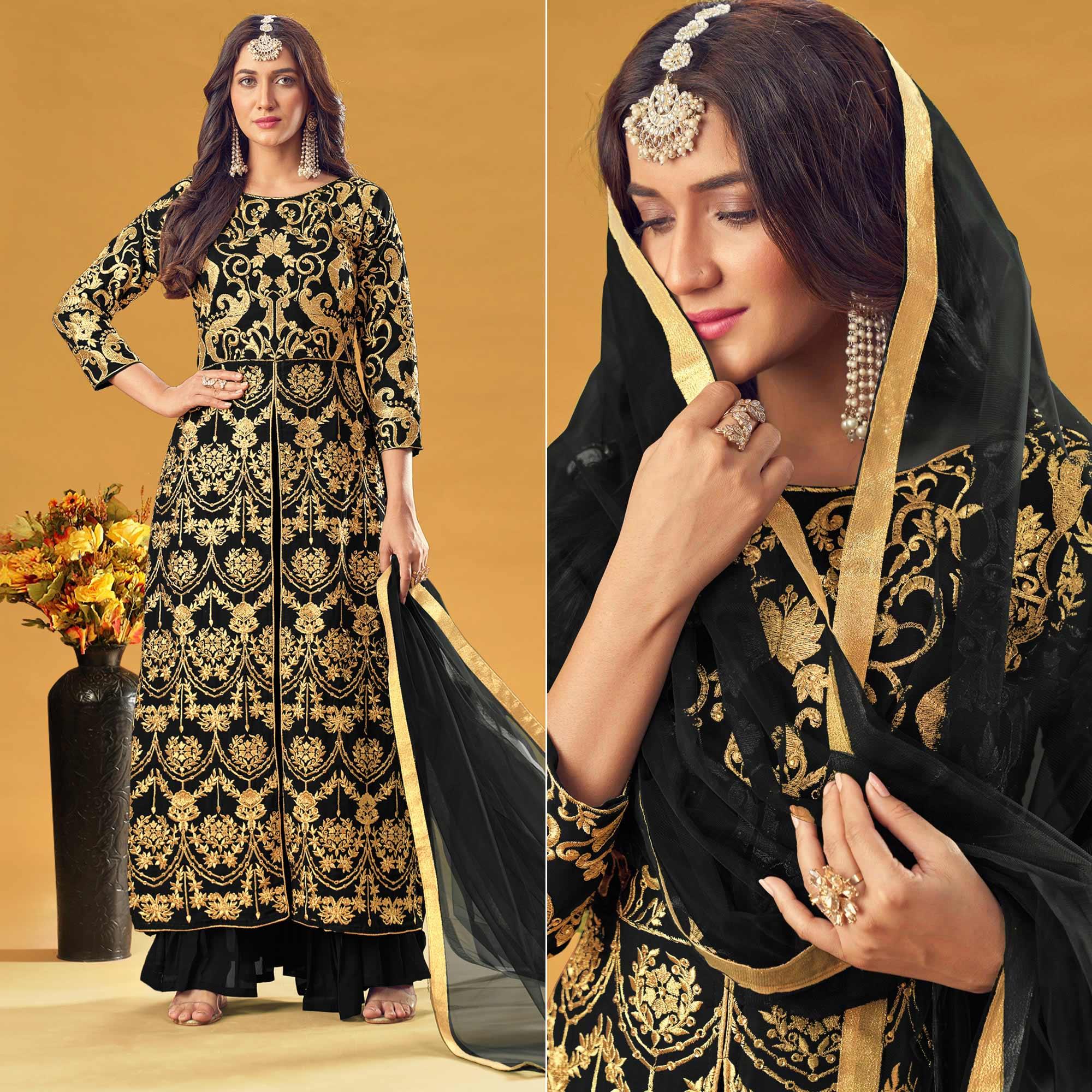 Black Embroidered Georgette Pakistani Suit - Peachmode