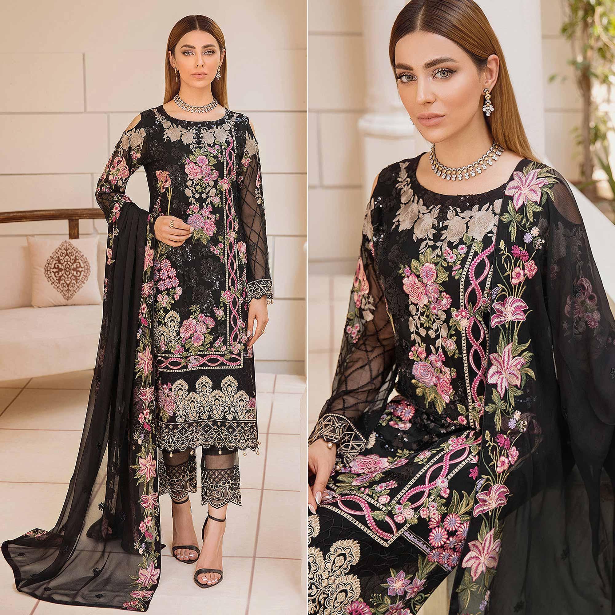 Black Embroidered Georgette Pakistani Suit - Peachmode