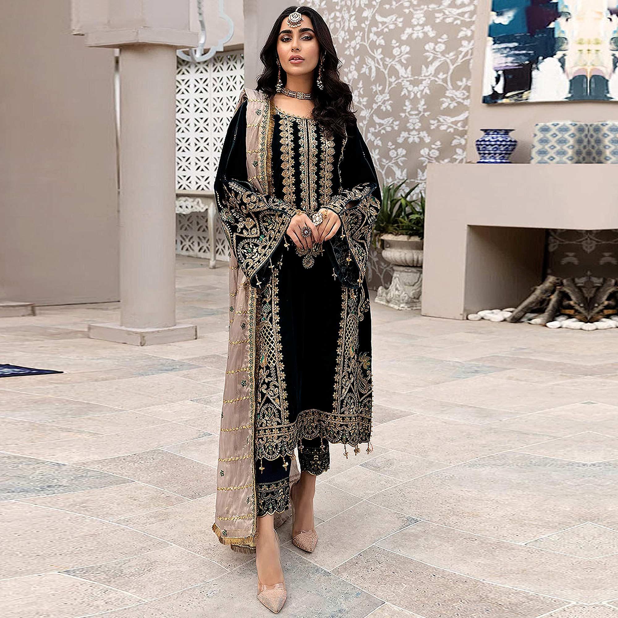 Black Embroidered Georgette Pakistani Suit - Peachmode