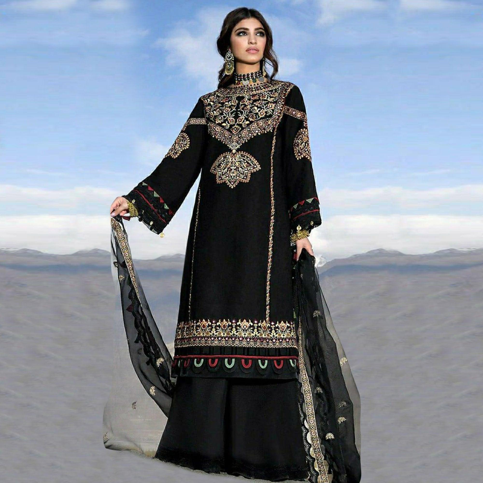Black Embroidered Georgette Pakistani Suit - Peachmode