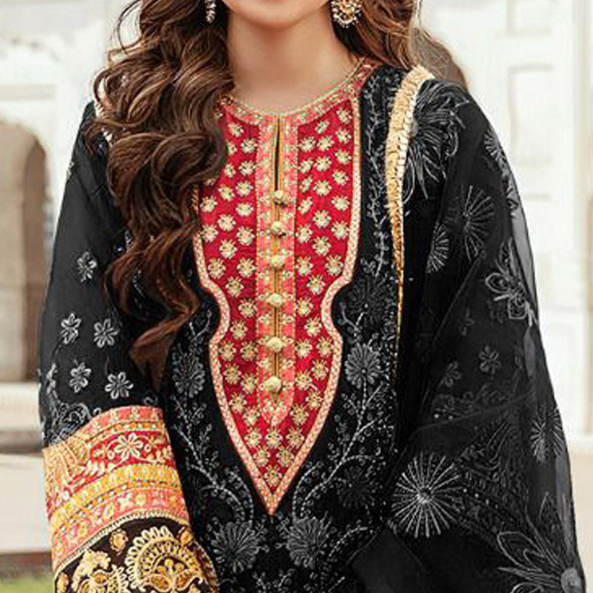 Black Embroidered Georgette Pakistani Suit - Peachmode