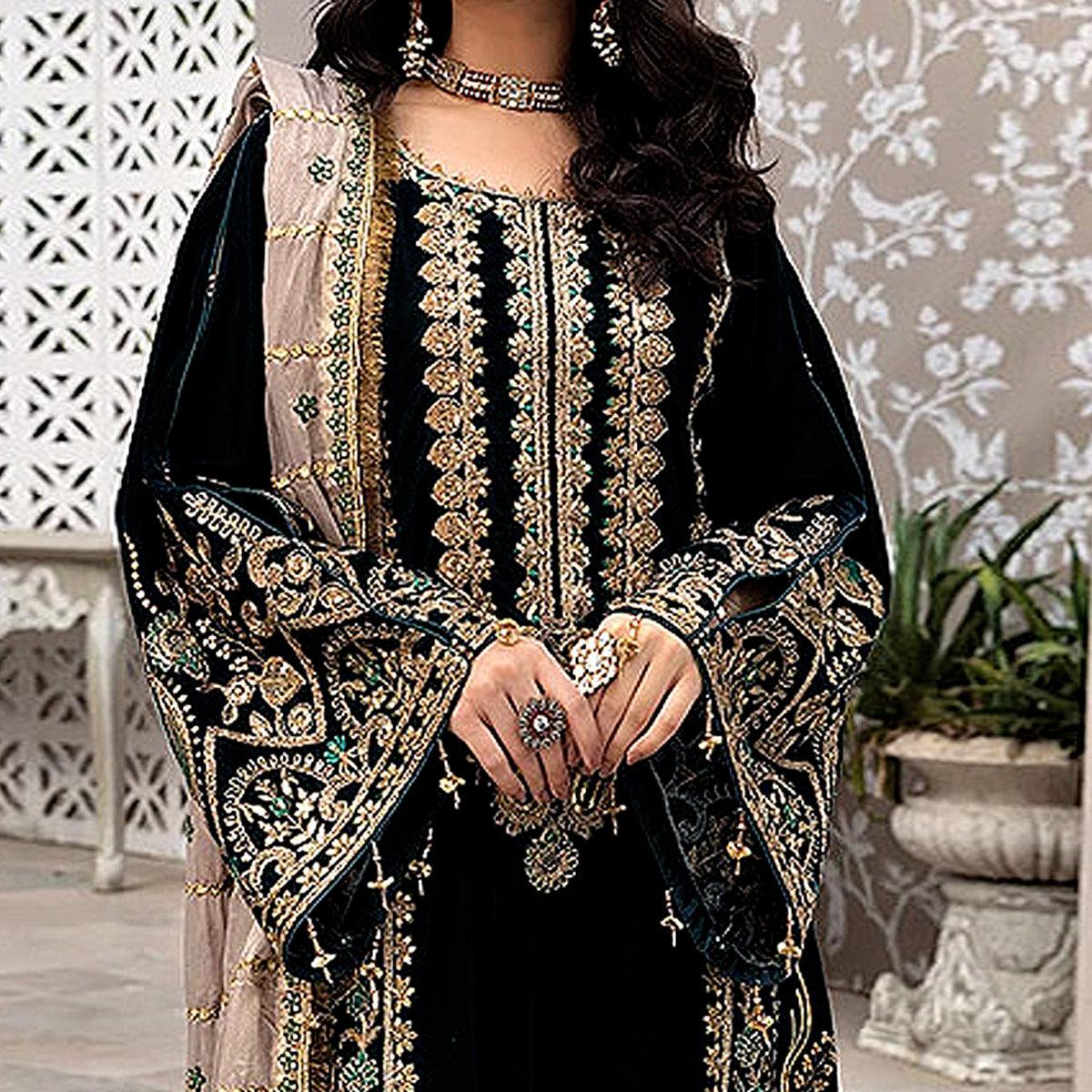 Black Embroidered Georgette Pakistani Suit - Peachmode