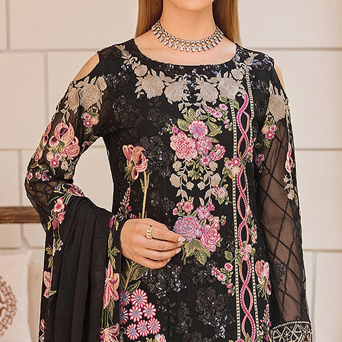 Black Embroidered Georgette Pakistani Suit - Peachmode