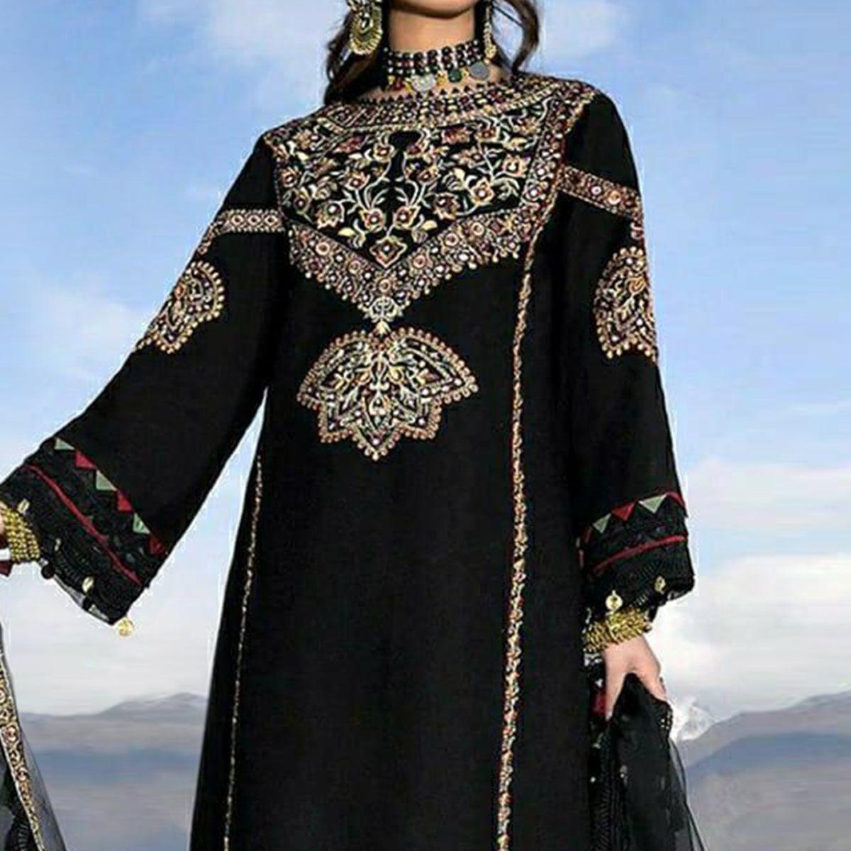 Black Embroidered Georgette Pakistani Suit - Peachmode