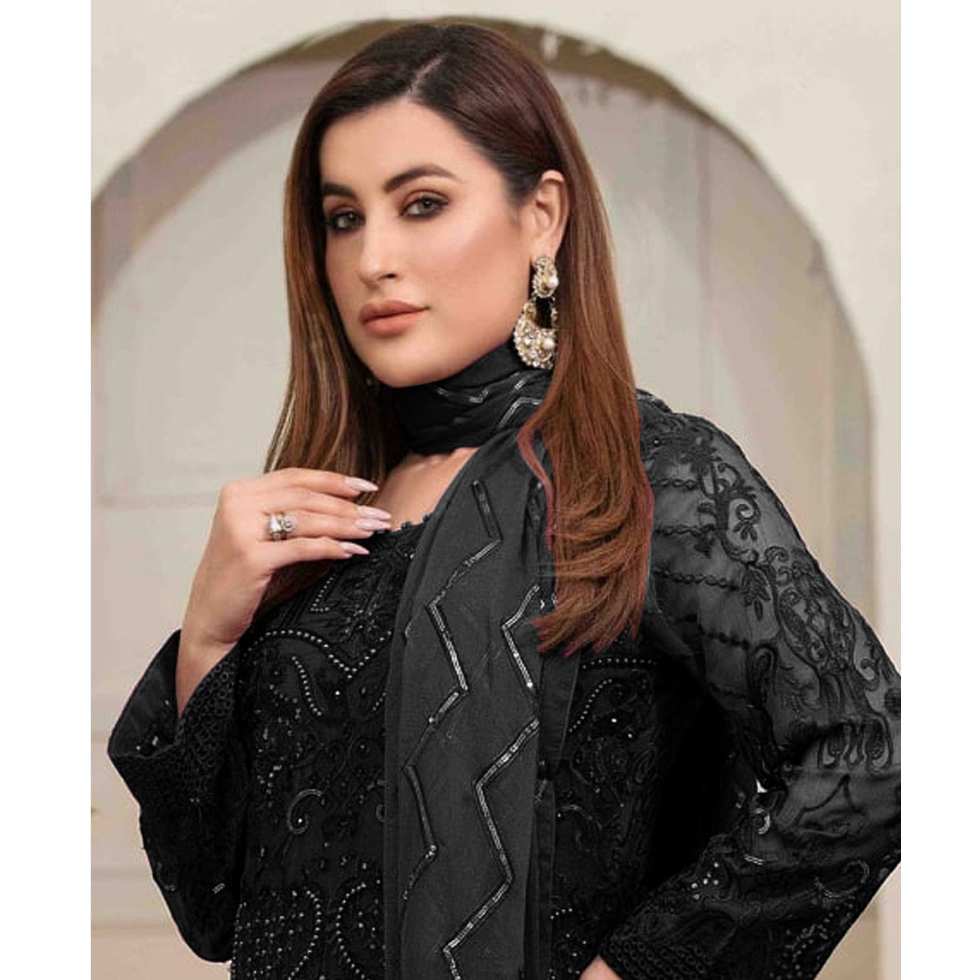 Black Embroidered Georgette Pakistani Suit - Peachmode