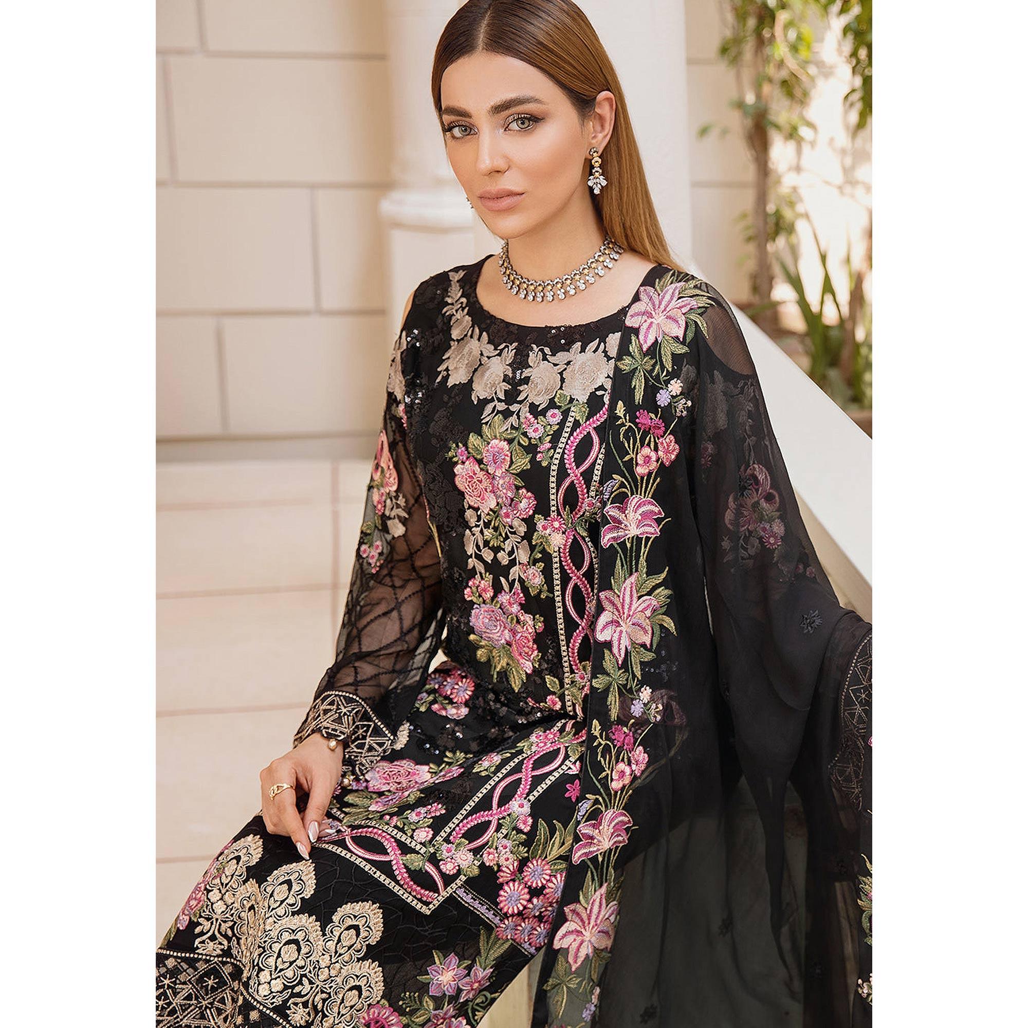 Black Embroidered Georgette Pakistani Suit - Peachmode