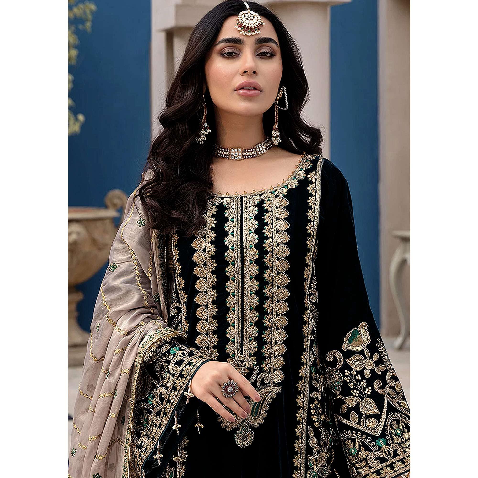 Black Embroidered Georgette Pakistani Suit - Peachmode