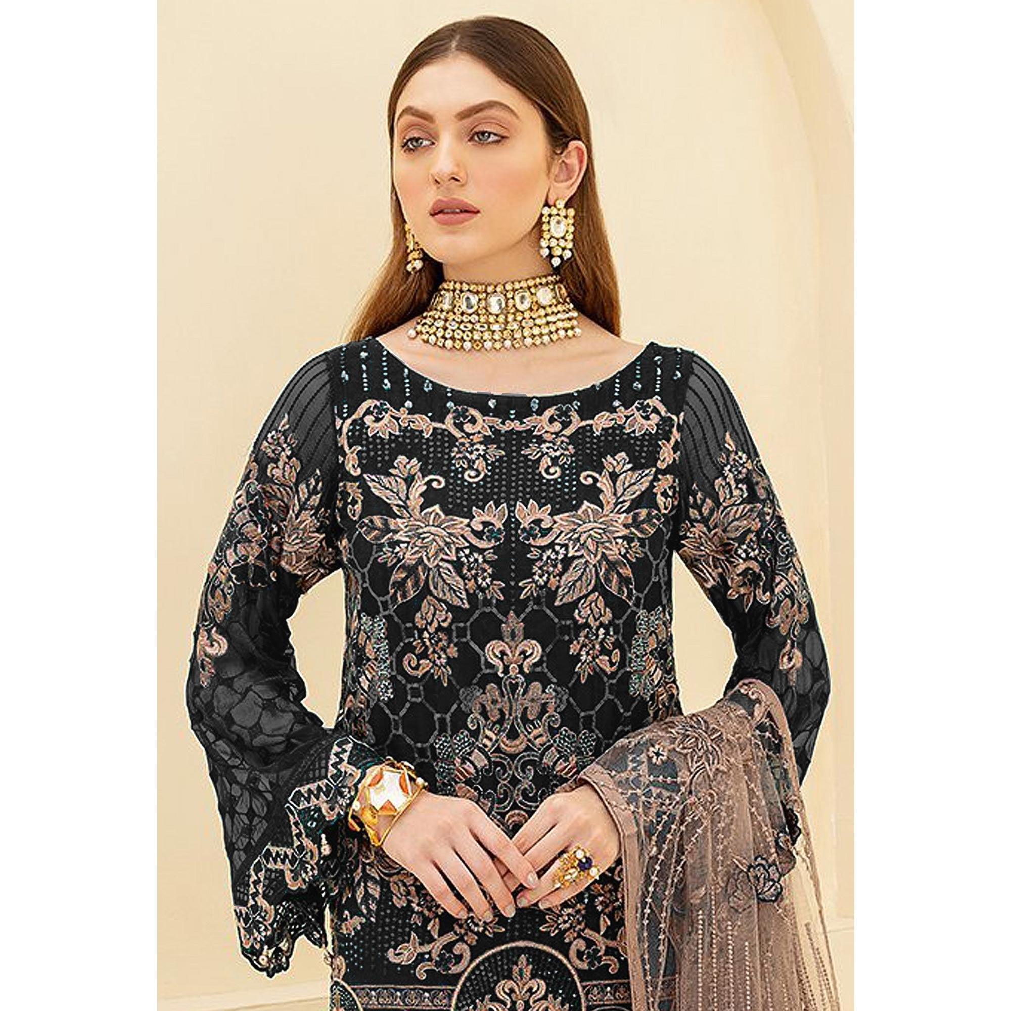 Black Embroidered Georgette Pakistani Suit - Peachmode