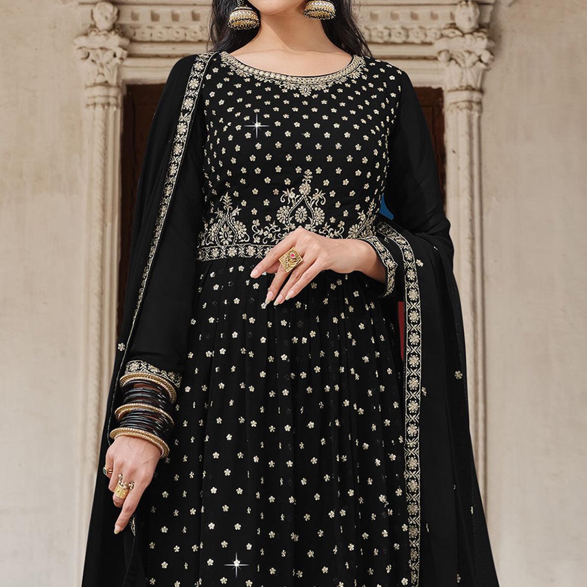 Black Embroidered Georgette Palazzo Suit - Peachmode