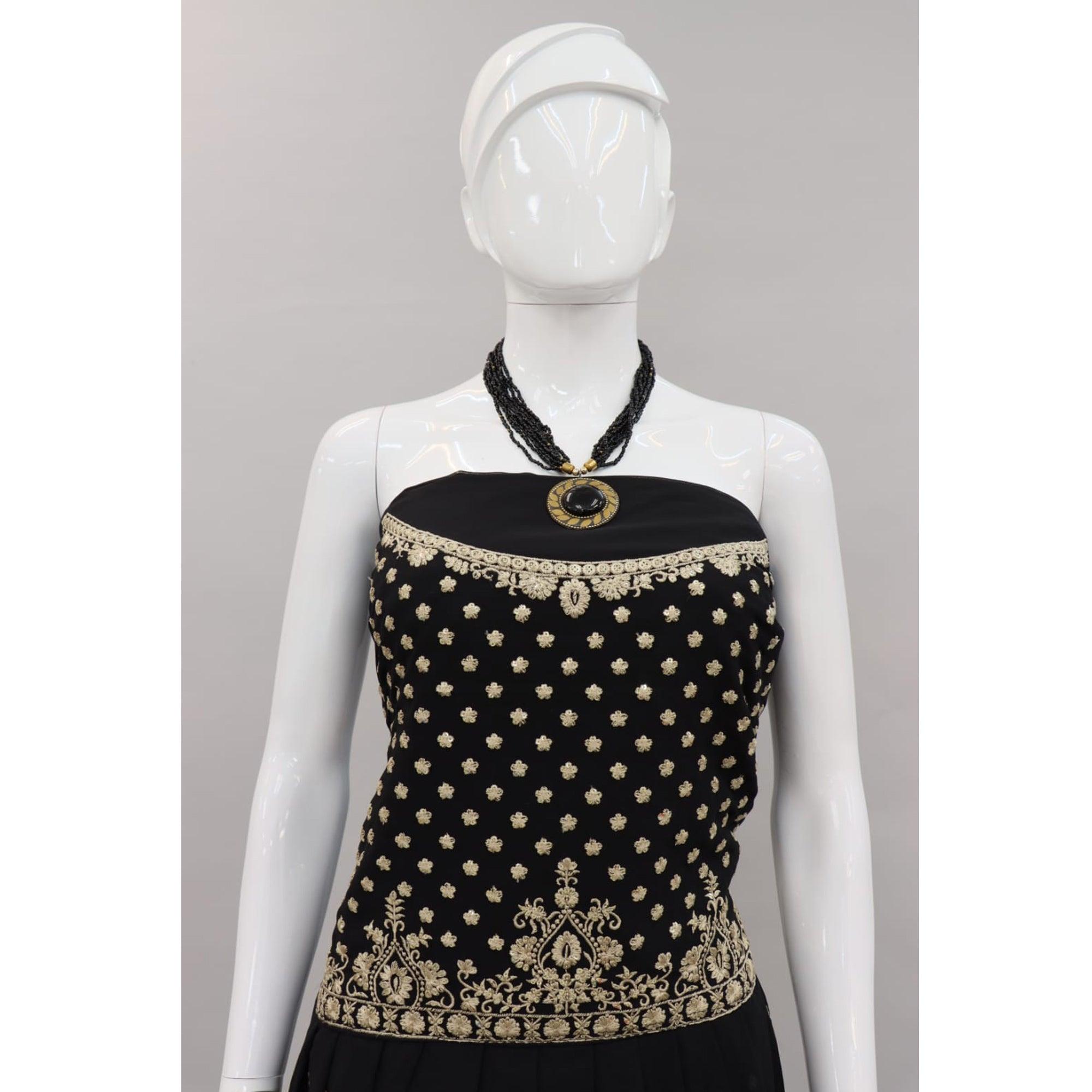 Black Embroidered Georgette Palazzo Suit - Peachmode