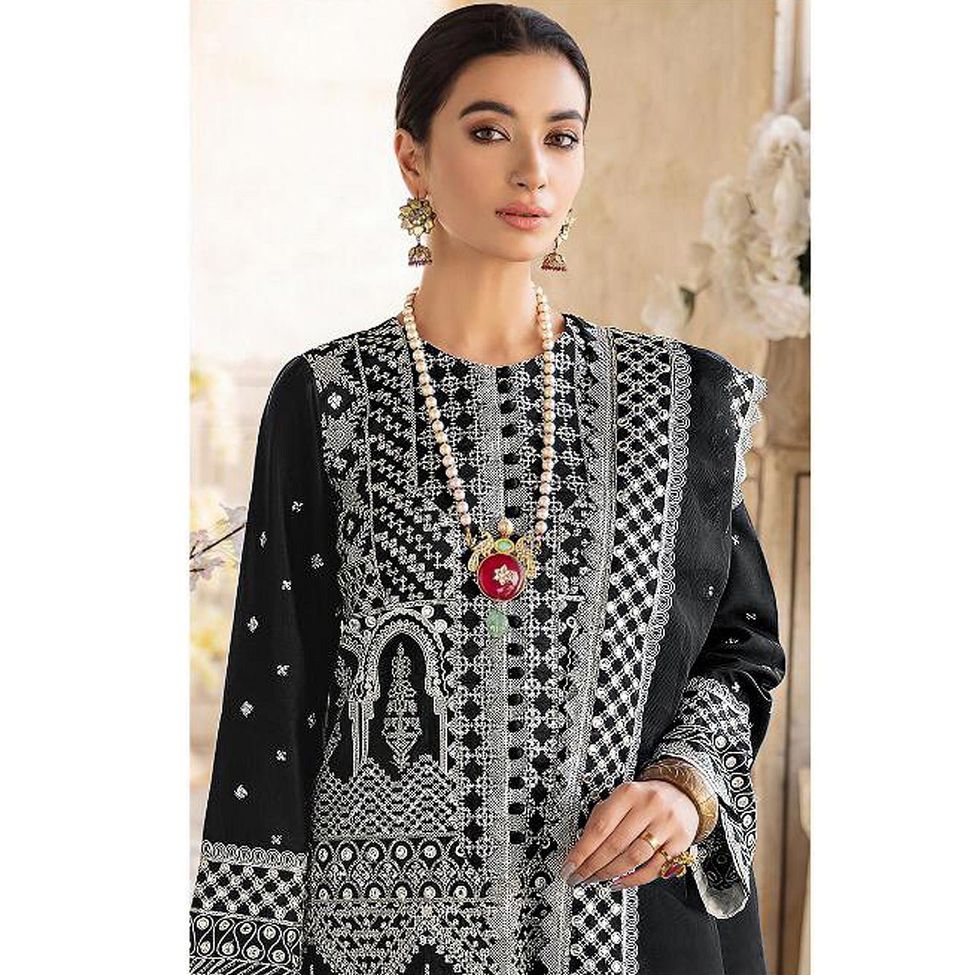 Black Embroidered Georgette Partywear Pakistani Suit - Peachmode