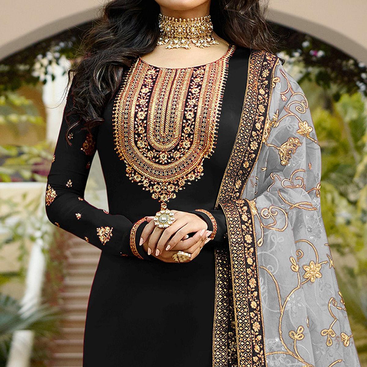 Black Embroidered Georgette Partywear Suit - Peachmode