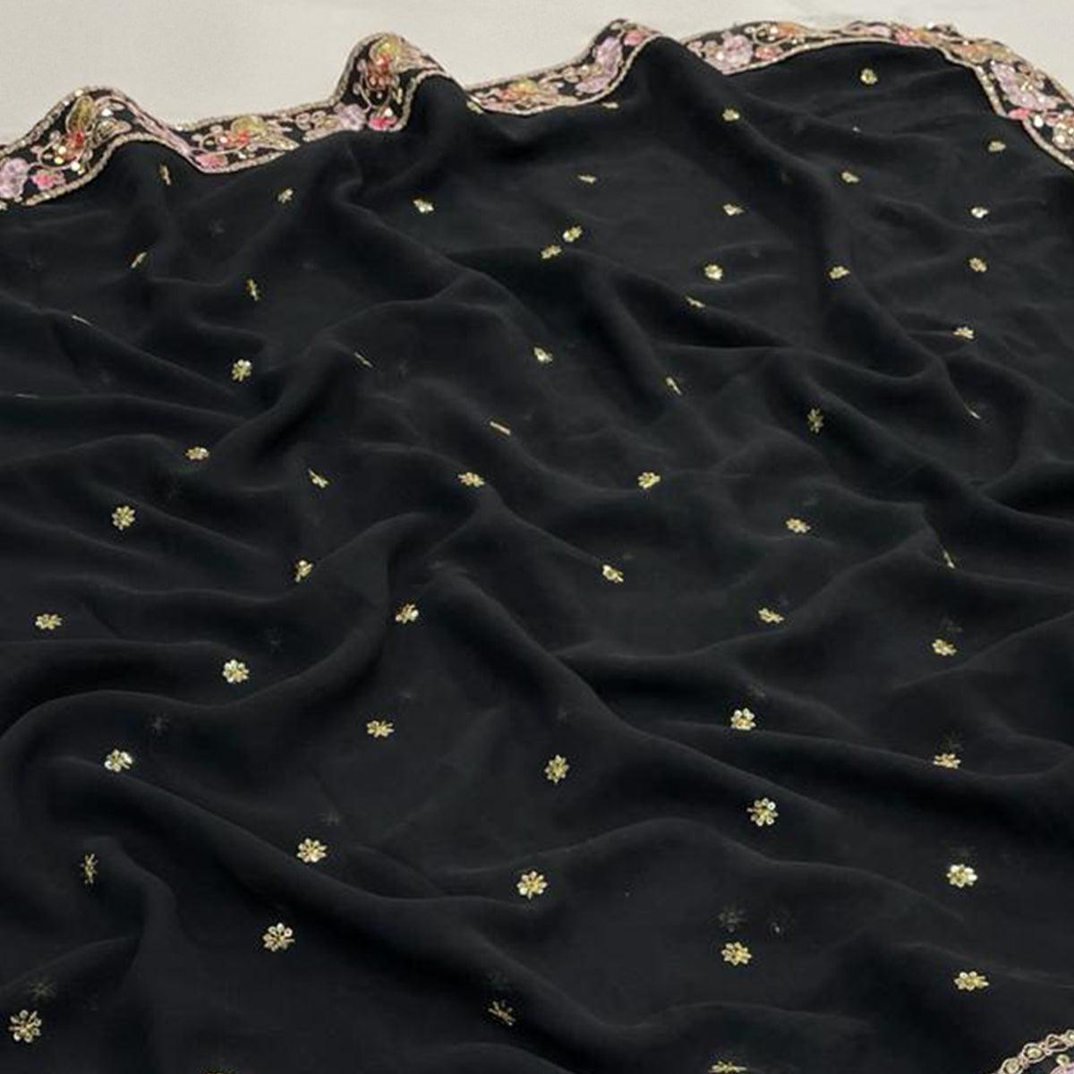 Black Embroidered Georgette Saree - Peachmode