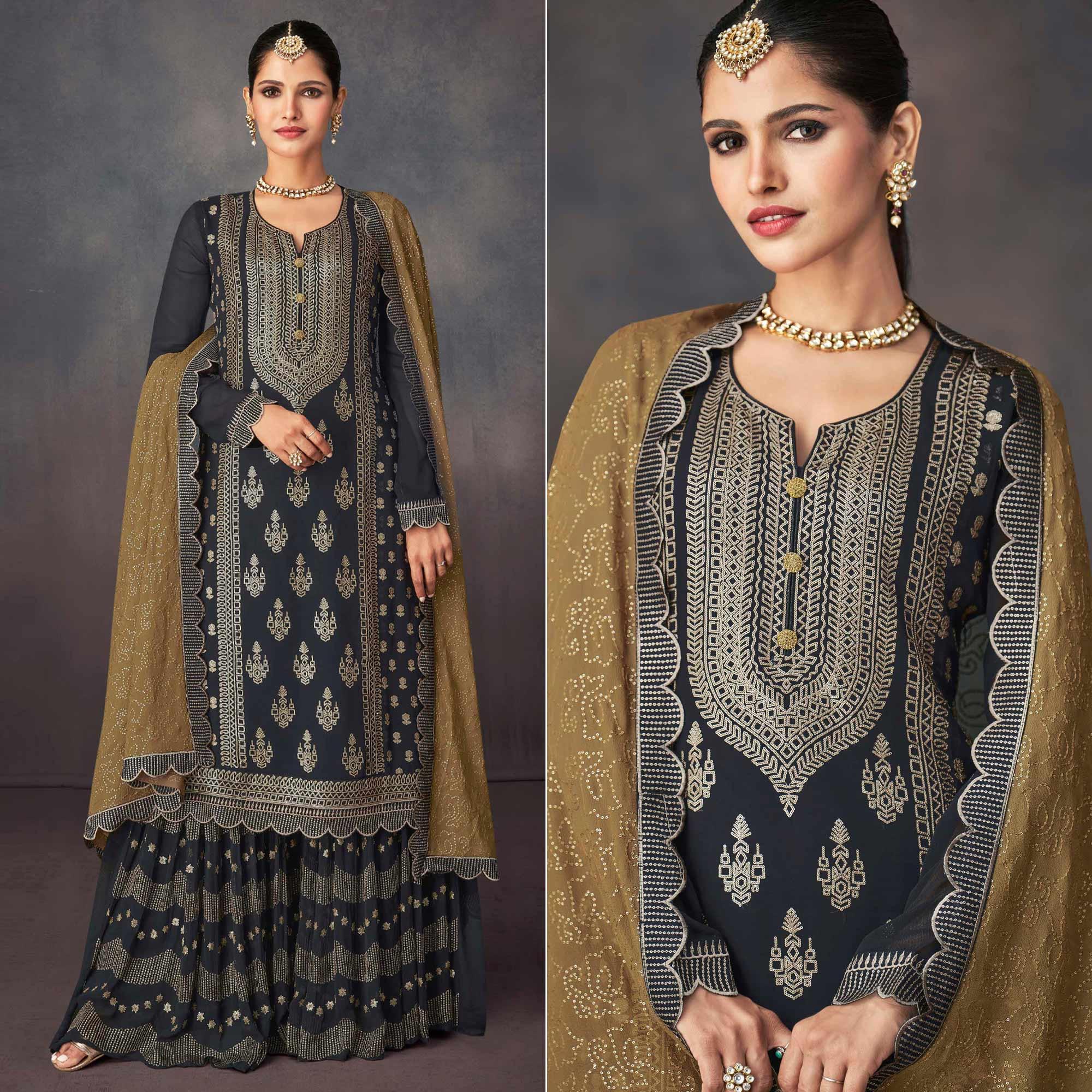 Black Embroidered Georgette Sharara Suit - Peachmode