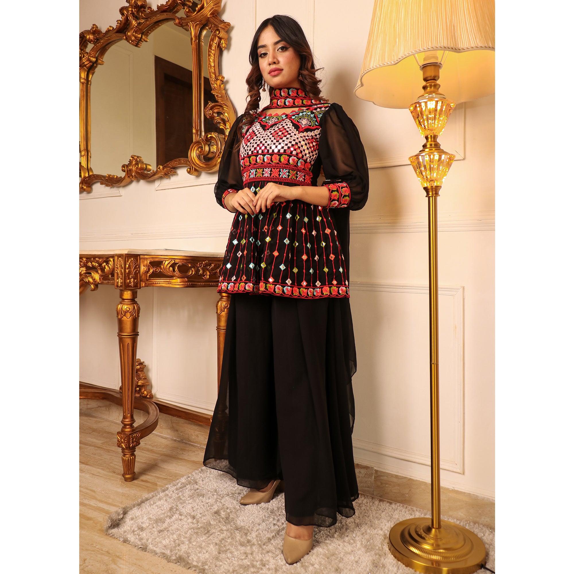 Black Embroidered Georgette Sharara Suit - Peachmode