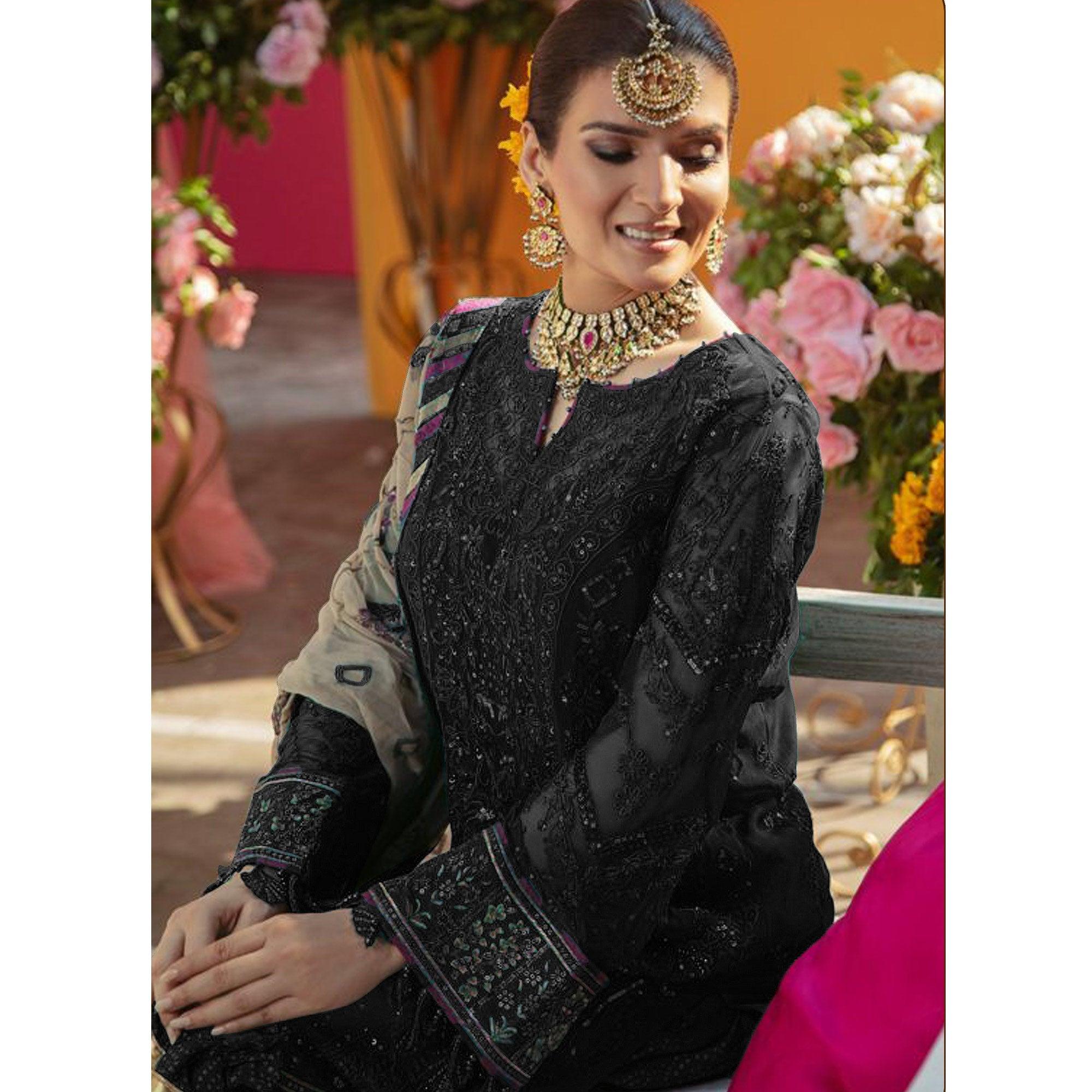Black Embroidered Georgette Suit - Peachmode