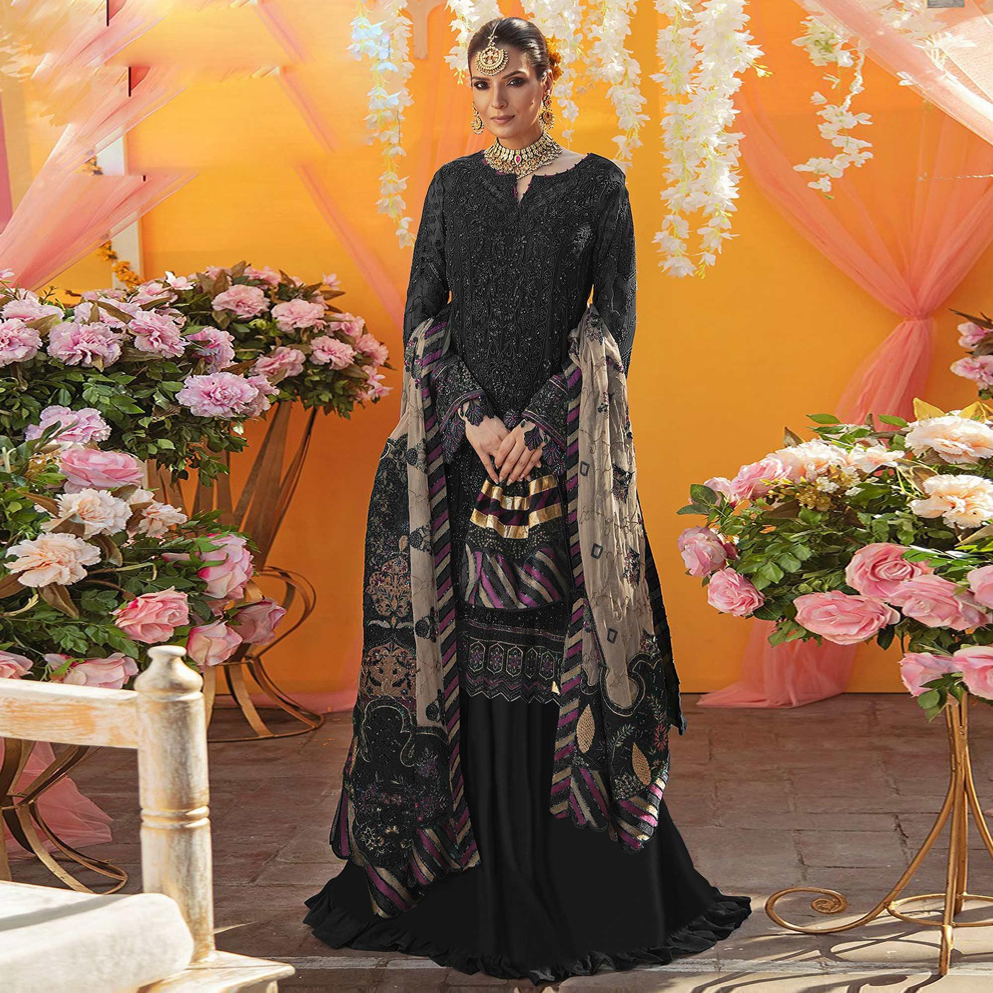 Black Embroidered Georgette Suit - Peachmode