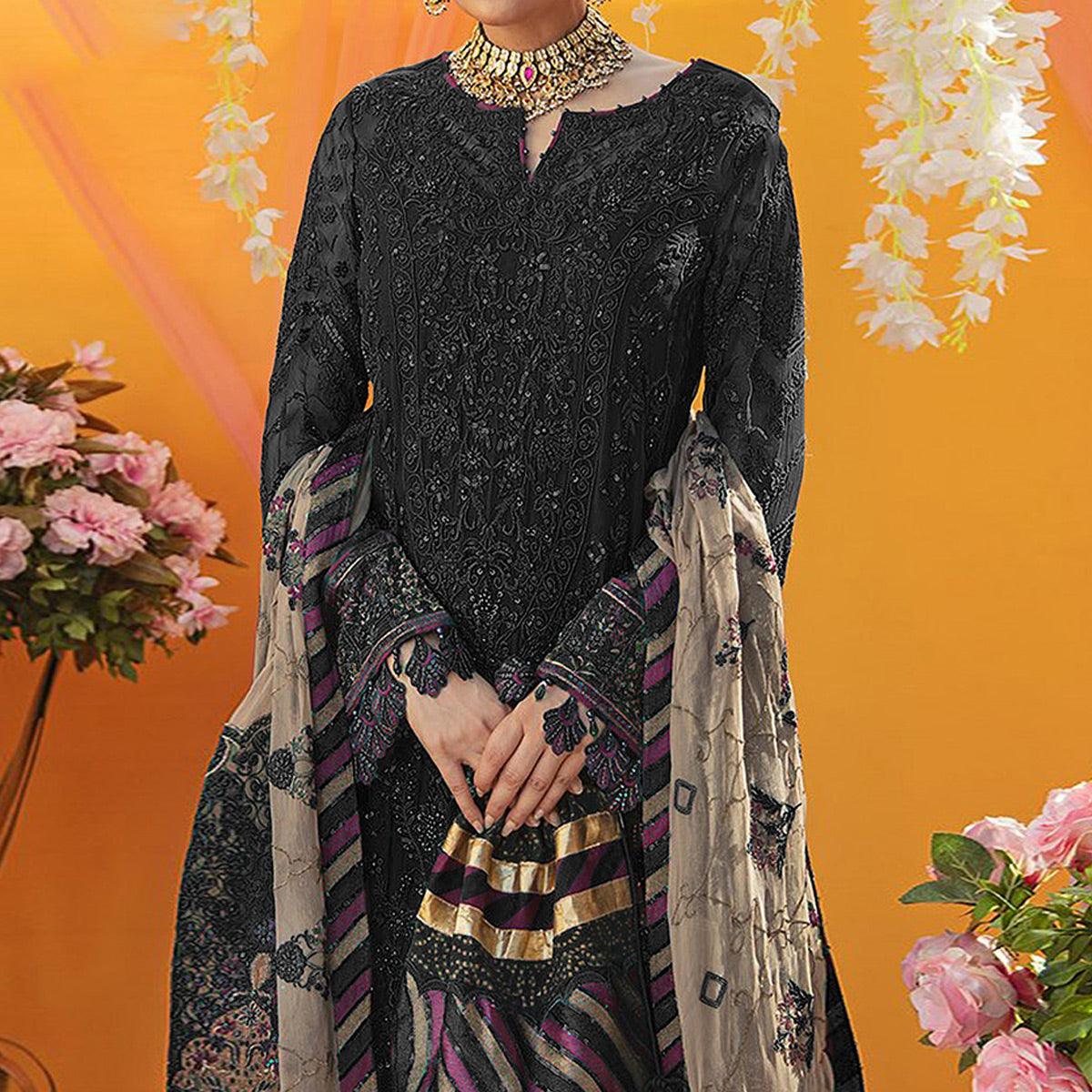 Black Embroidered Georgette Suit - Peachmode