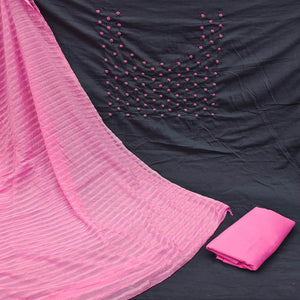 Black Embroidered Handwork Pure Cotton Dress Material - Peachmode