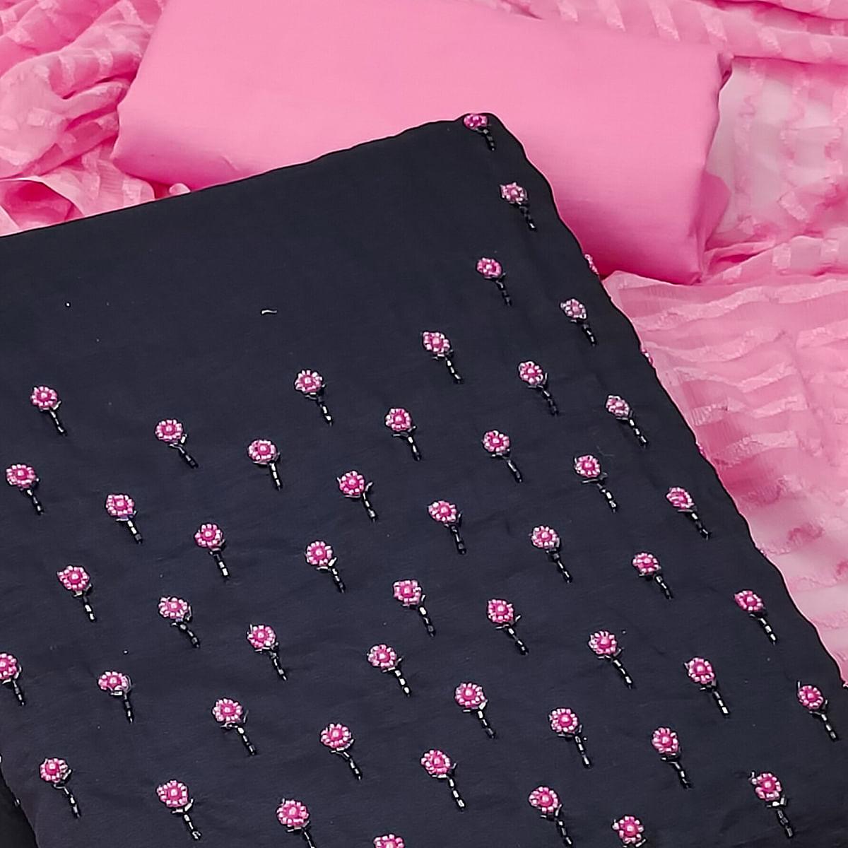 Black Embroidered Handwork Pure Cotton Dress Material - Peachmode