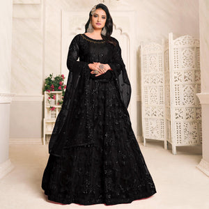 Black Embroidered Netted Anarkali Style Gown - Peachmode