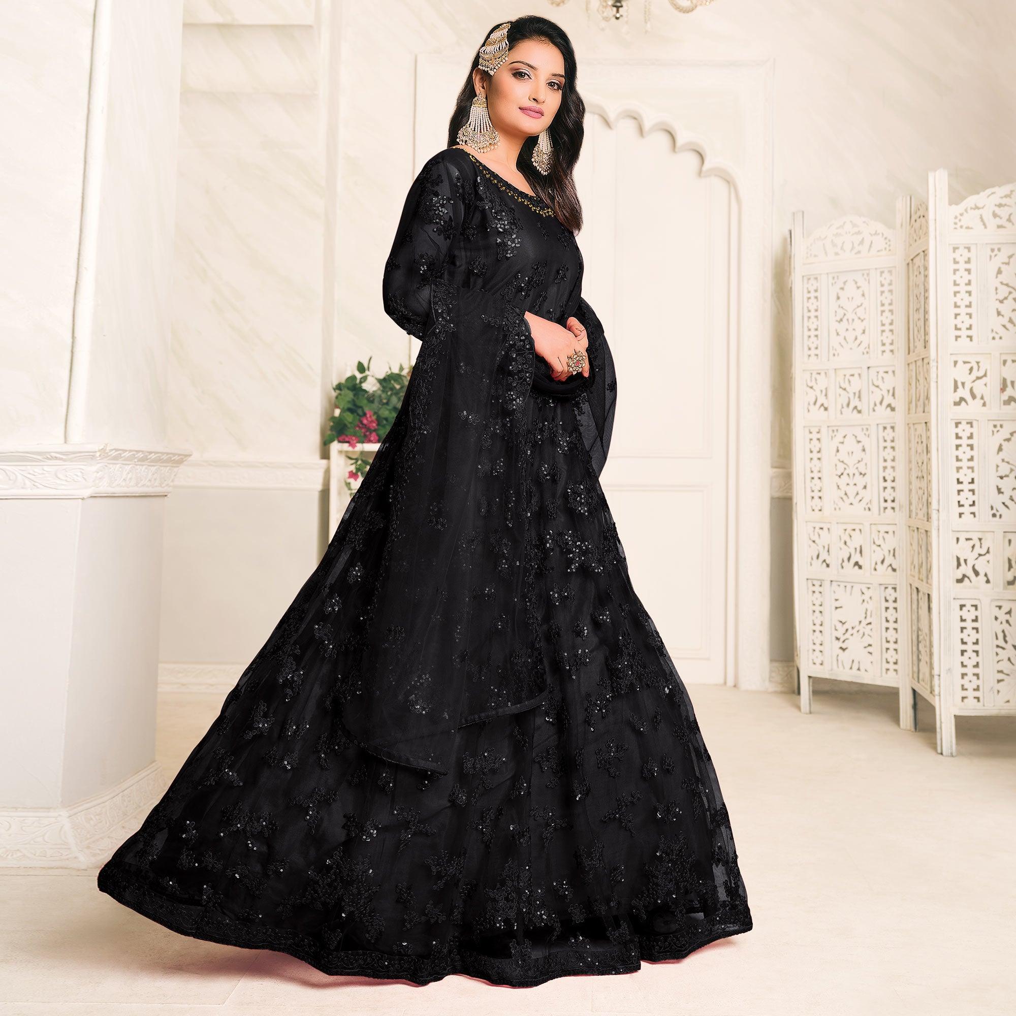 Black Embroidered Netted Anarkali Style Gown - Peachmode